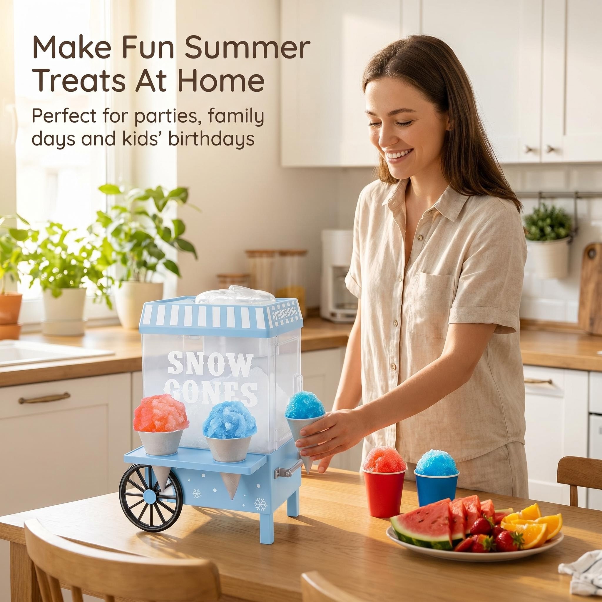 A woman using the Kernee vintage snow cone maker in a home kitchen to prepare red and blue shaved ice treats with fruit and snow cone cups on the table.
