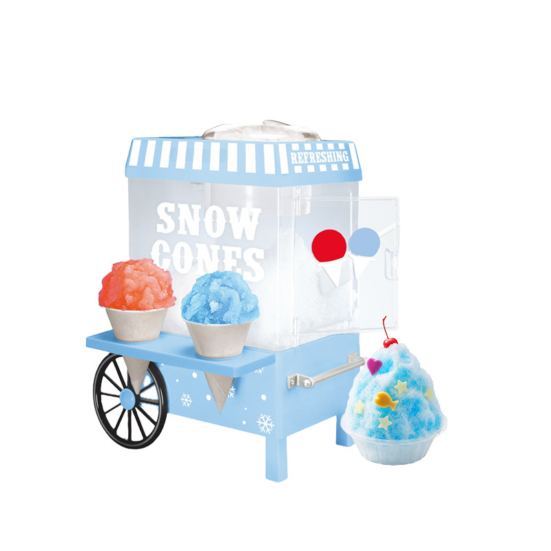 Kernee blue vintage cart snow cone maker with clear ice chamber, striped lid, side access door, and snow cone serving shelf.