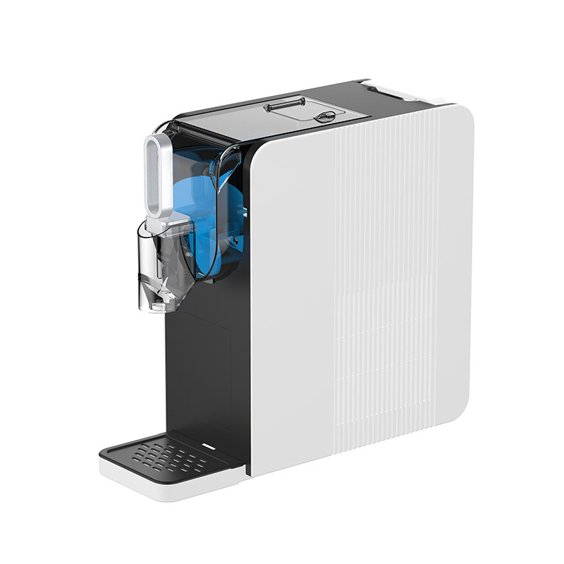Kernee white countertop slushie machine with a transparent tank, front dispensing outlet, black drip tray, and minimalist white body for home kitchens and office use.