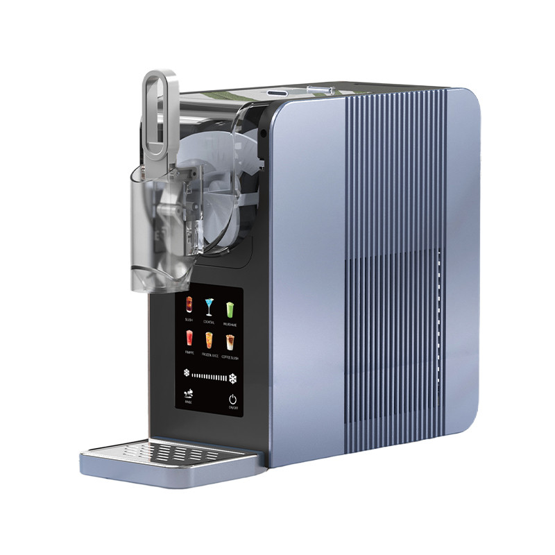 Kernee blue gray countertop slushie machine with a transparent tank, black touch control panel, front dispensing outlet, drip tray, and vertical textured side panel.