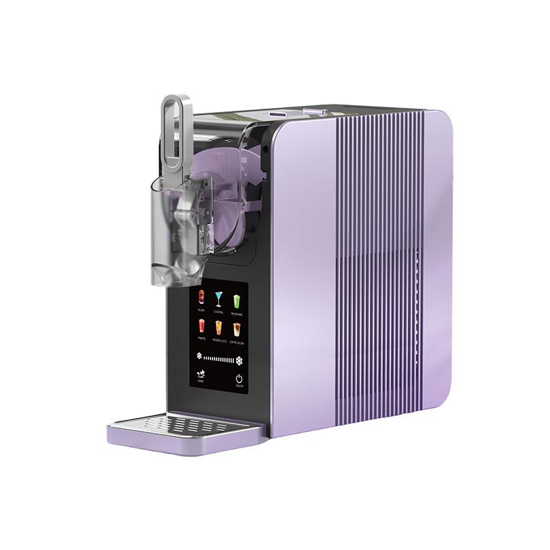 Kernee purple countertop slushie machine with a transparent tank, black control panel, front dispensing outlet, drip tray, and soft purple vertical textured body.