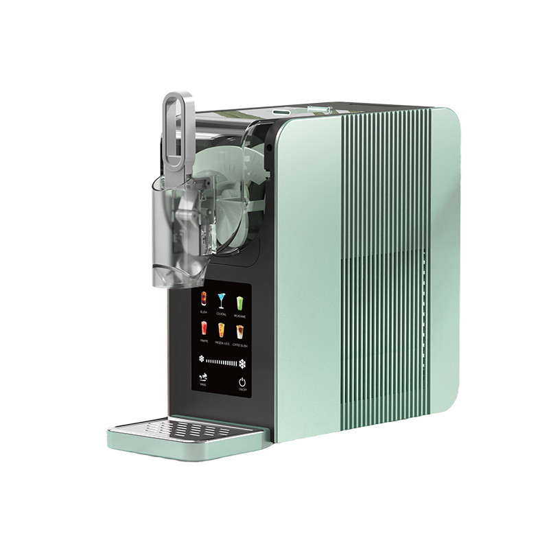 Kernee mint green countertop slushie machine with a transparent tank, black touch control panel, front dispensing outlet, drip tray, and fresh green vertical textured body.