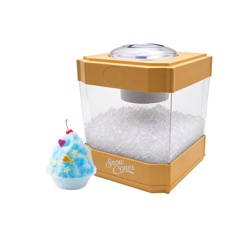 KERNEE warm gold retro home shaved ice machine product photo on white background, with a decorated blue shaved ice, showing its retro design and fluffy ice making ability.