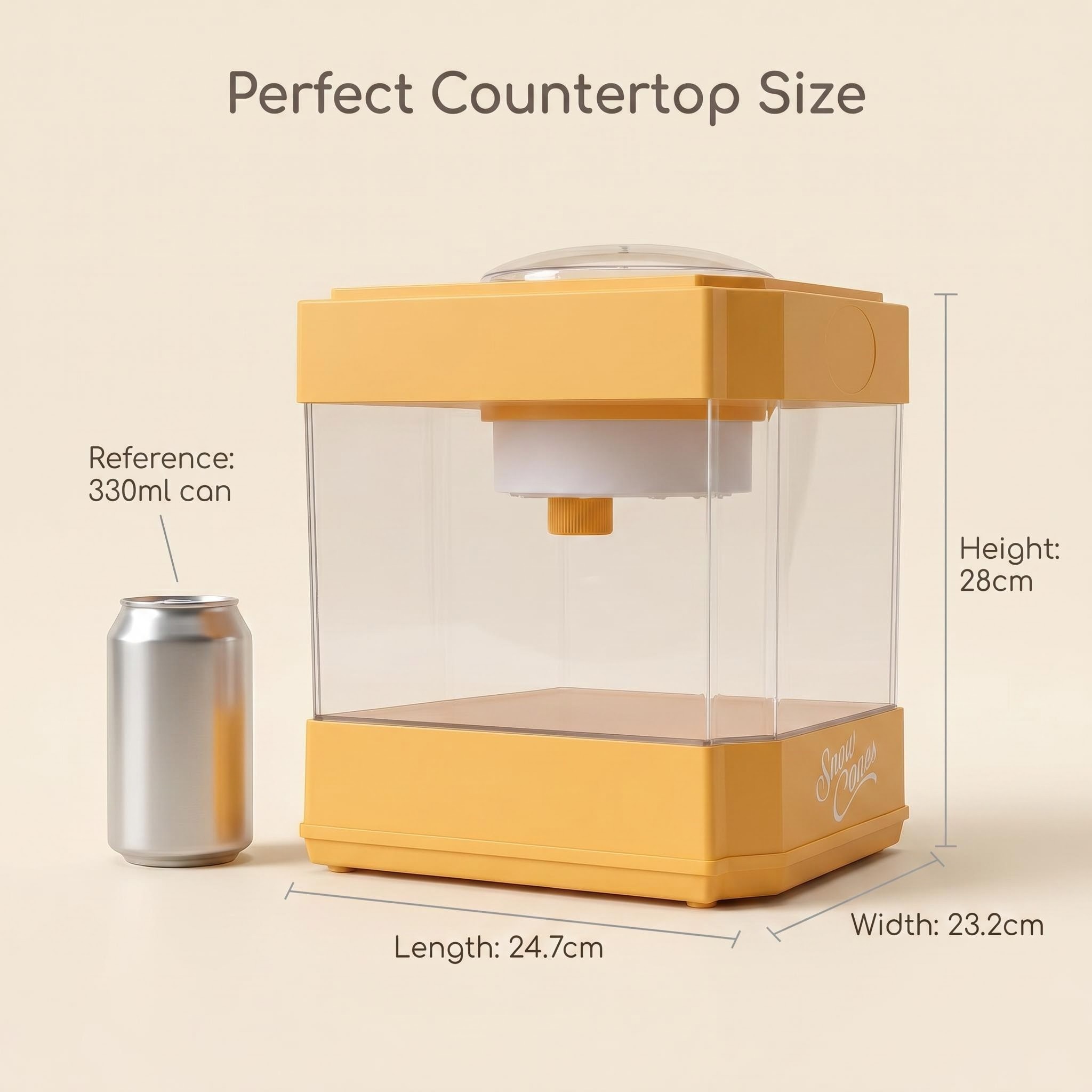KERNEE warm orange home shaved ice machine size chart, compared with a 330ml soda can, showing 28cm H × 24.7cm L × 23.2cm W perfect countertop dimensions, highlighting its space-saving home advantage.