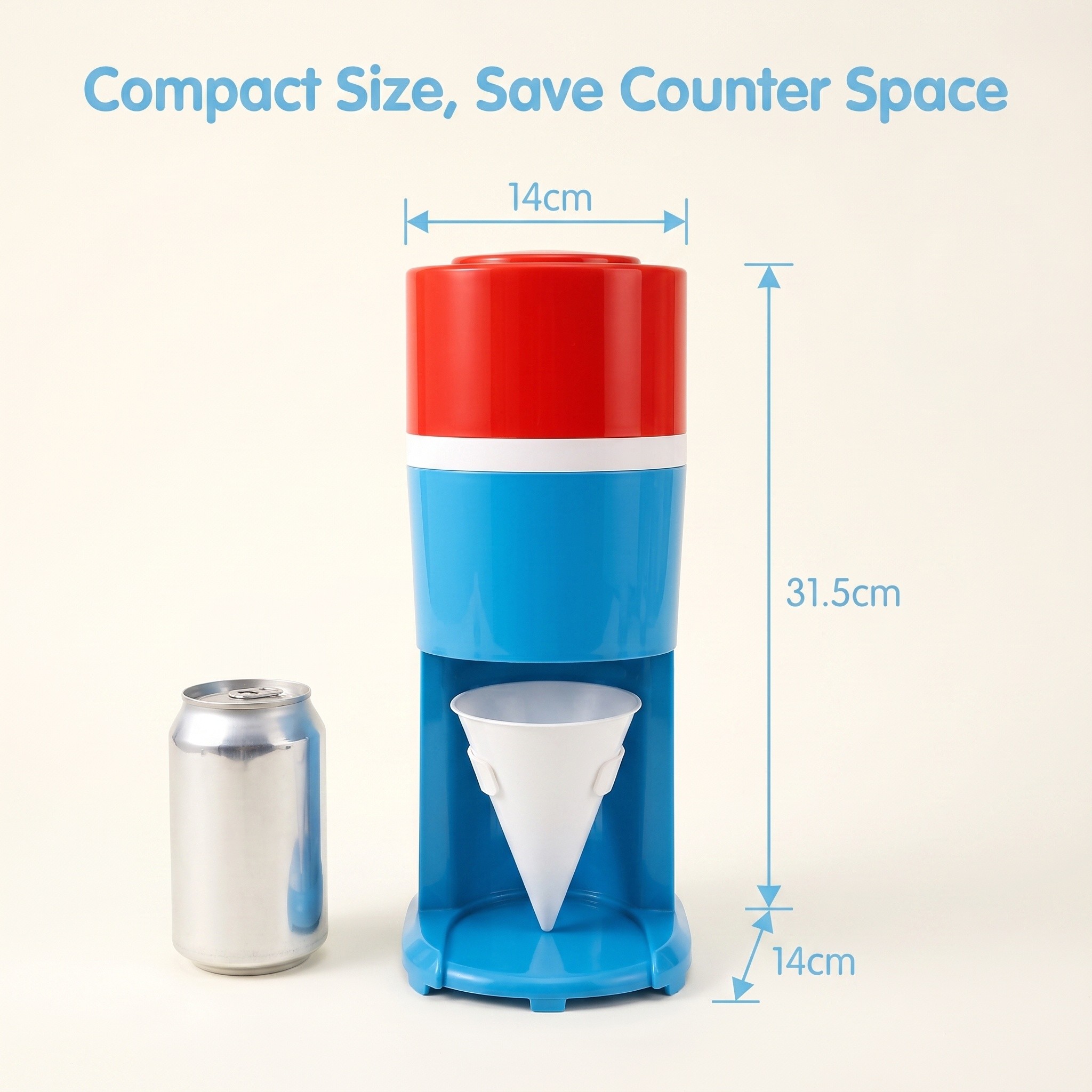 KERNEE retro red-blue home shaved ice machine size chart, compared with a 330ml soda can, showing 14cm W × 14cm D × 31.5cm H compact dimensions, highlighting its space-saving home advantage.