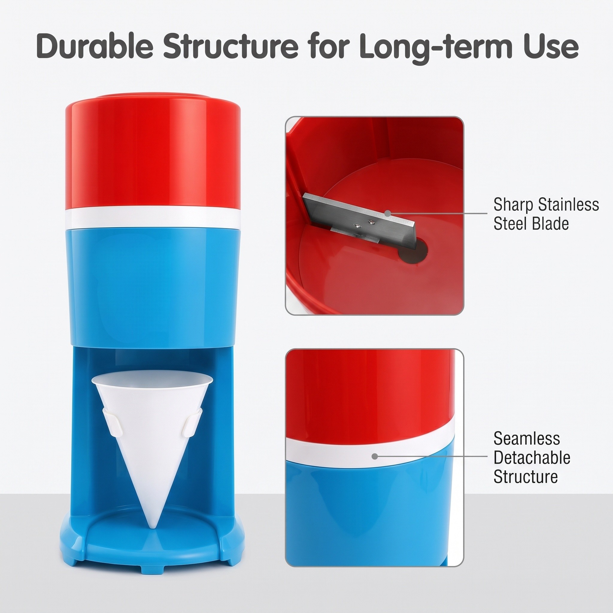 KERNEE retro red-blue home shaved ice machine structure display, highlighting sharp stainless steel blades and seamless detachable structure, showing its durable, easy-to-clean quality for long-term use.