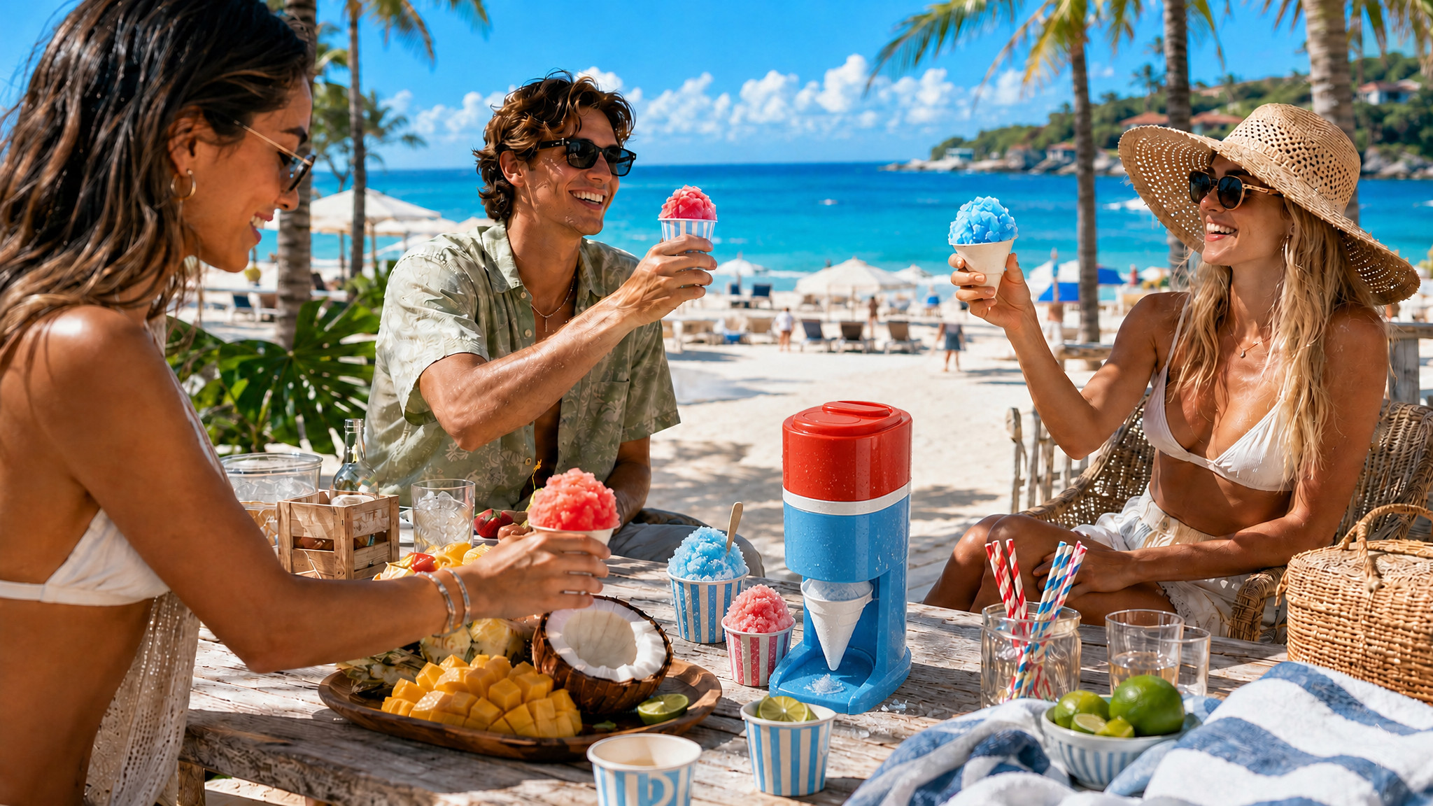 KERNEE retro red-blue home shaved ice machine beach party photo, young people toasting with rainbow shaved ice by the ocean, with fresh mango and coconut toppings, highlighting its outdoor party use case.