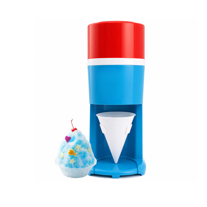 KERNEE retro red-blue home shaved ice machine product photo on white background, with a decorated blue shaved ice, showing its retro design and fluffy ice making ability.