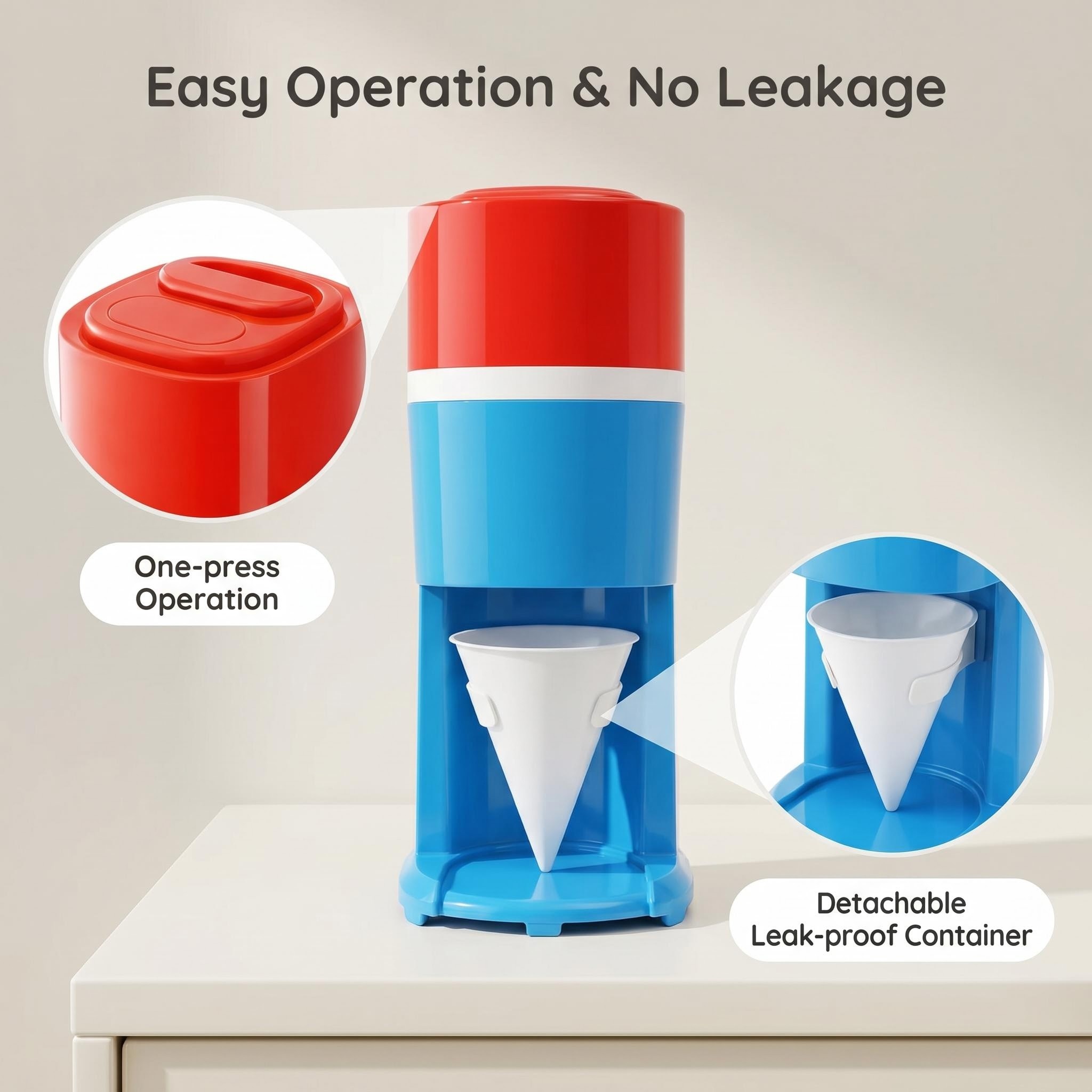 KERNEE retro red-blue home shaved ice machine detail display, highlighting one-press operation and detachable leak-proof container, showing its easy and spill-free user experience.