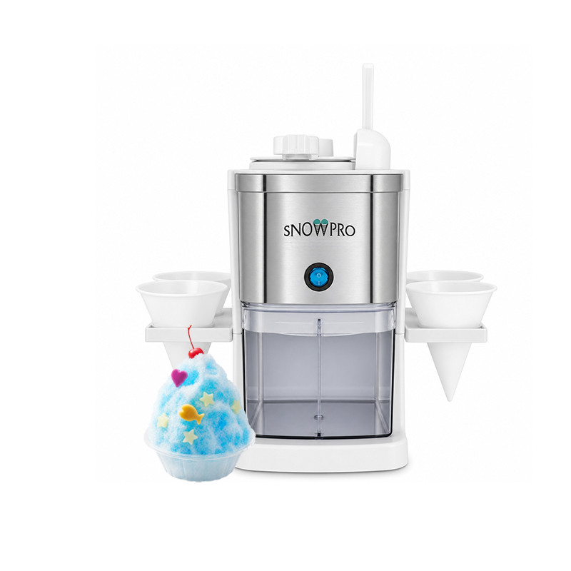 SNOWPRO compact shaved ice machine with stainless steel body, dual cup holders, transparent water tank, and blue snow cone dessert