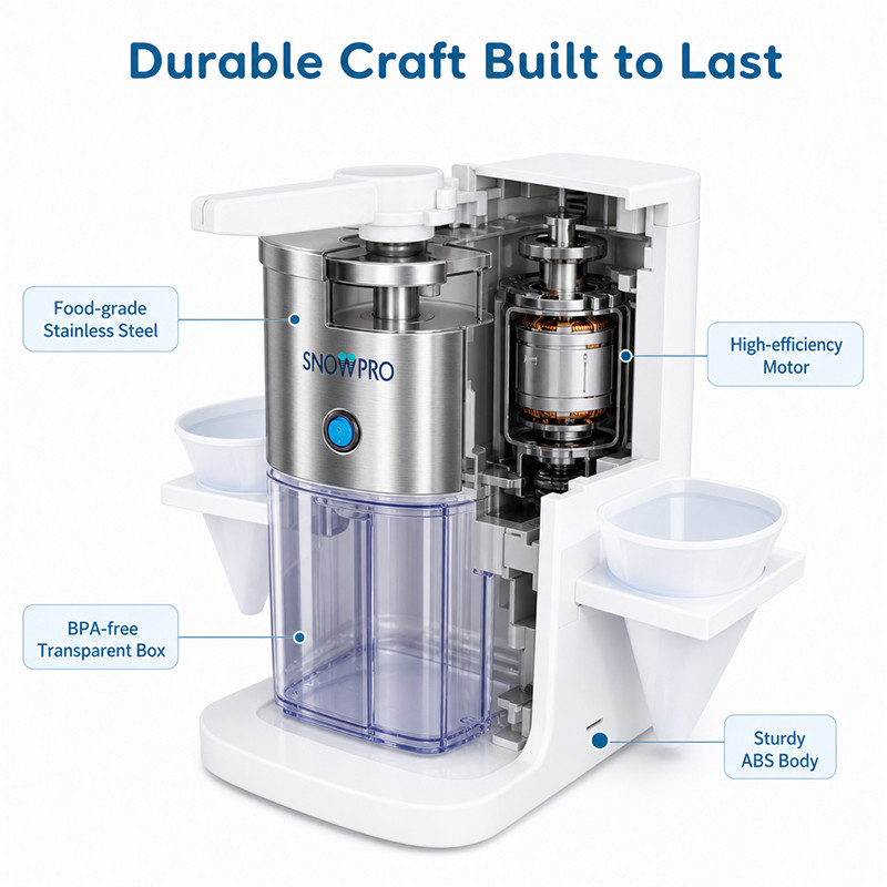 Cutaway view of SNOWPRO shaved ice machine showing food-grade stainless steel, high-efficiency motor, BPA-free transparent box, and sturdy ABS body