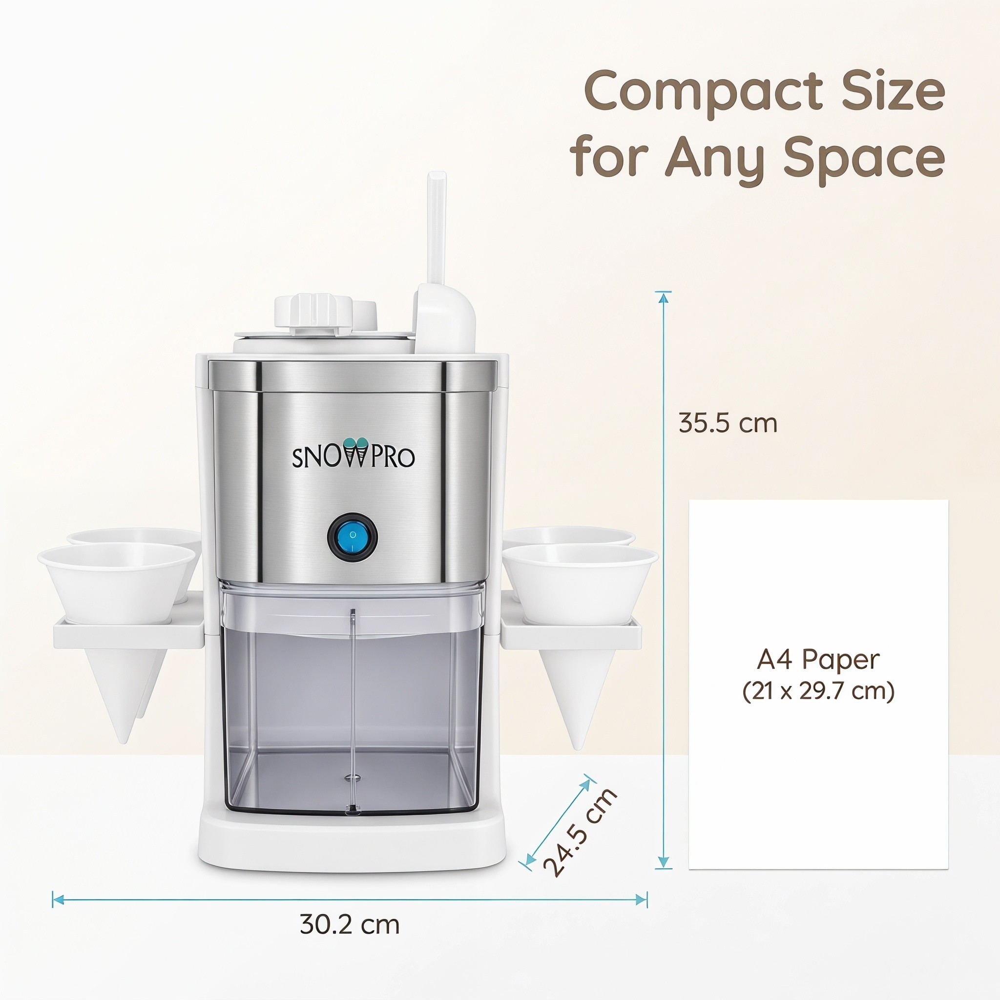 SNOWPRO shaved ice machine size chart showing 30.2 cm width, 24.5 cm depth, 35.5 cm height, compared with A4 paper