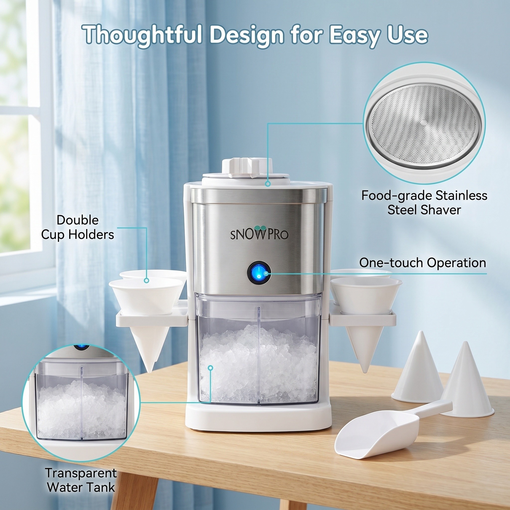 SNOWPRO shaved ice machine with double cup holders, one-touch operation, stainless steel shaver, and transparent water tank