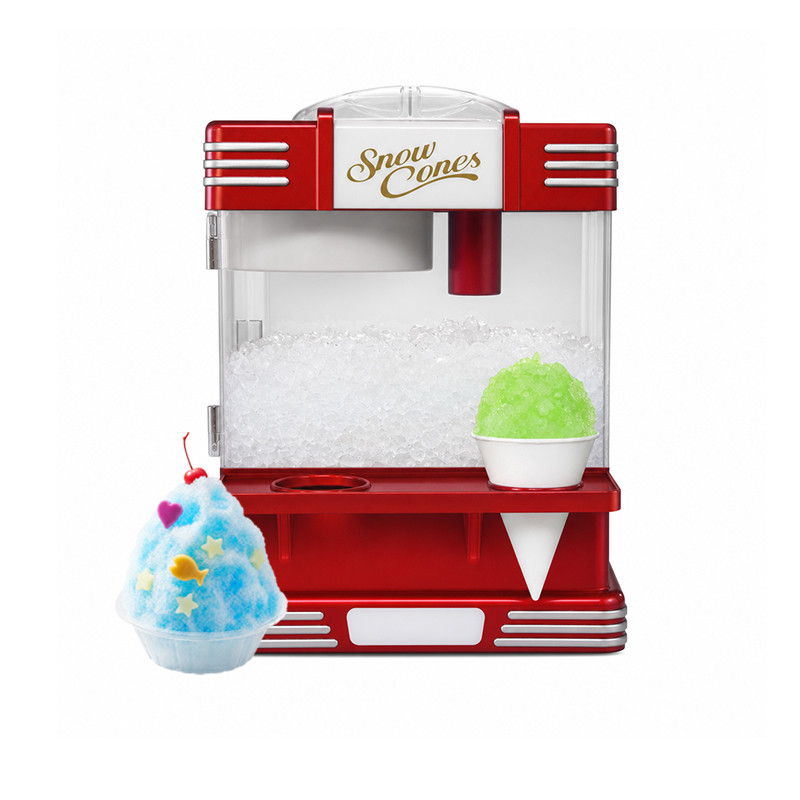 This KERNEE countertop snow cone maker features a retro red body, clear ice bin, and compact structure for kitchens, dessert counters, retail shelves, and online store presentation. The product supports custom logo, color, packaging, and market-ready display options, making it suitable as a private label ice shaver, custom snow cone maker, or retail shaved ice appliance line.