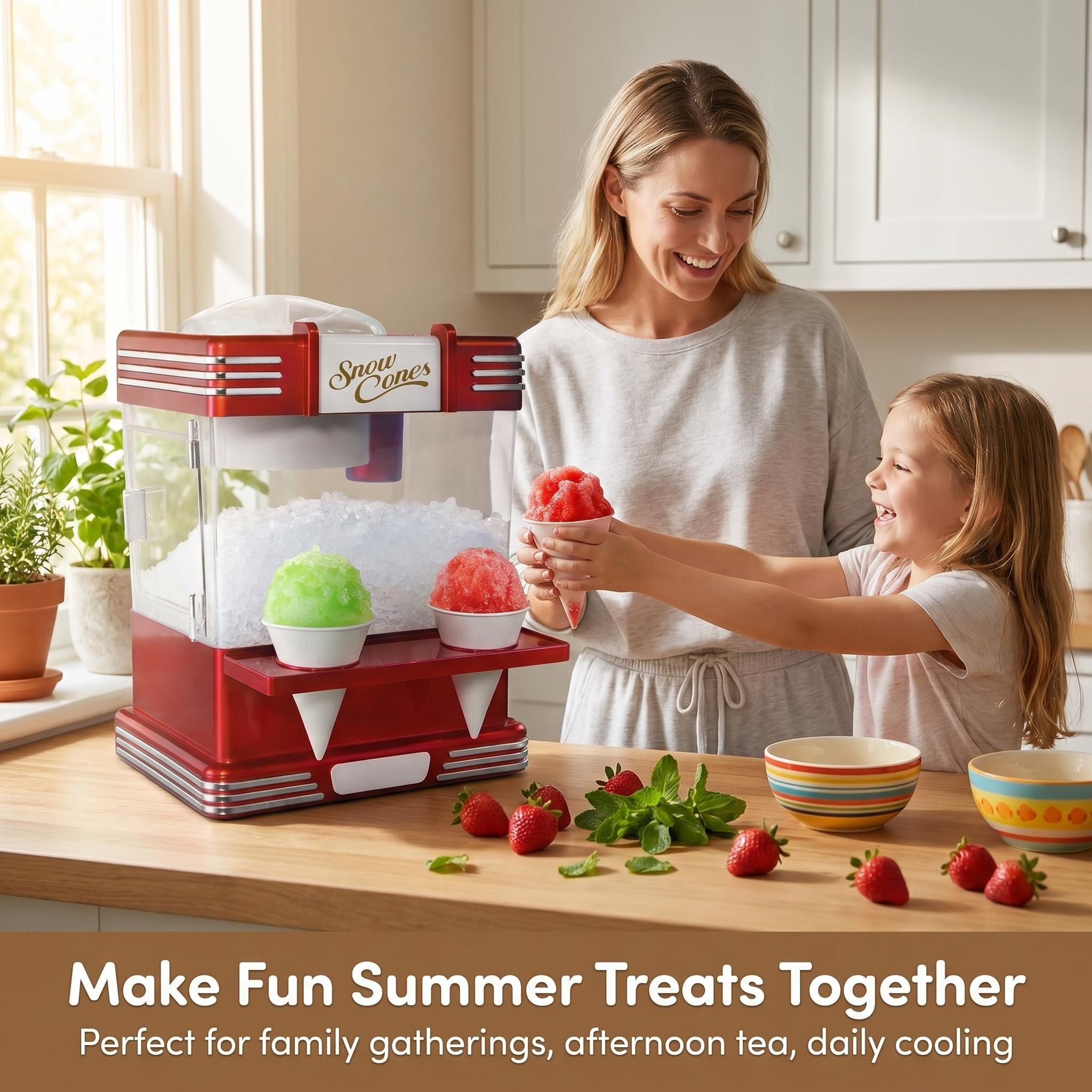 KERNEE red snow cone maker used in a family kitchen for shaved ice treats family activities and summer dessert markets.