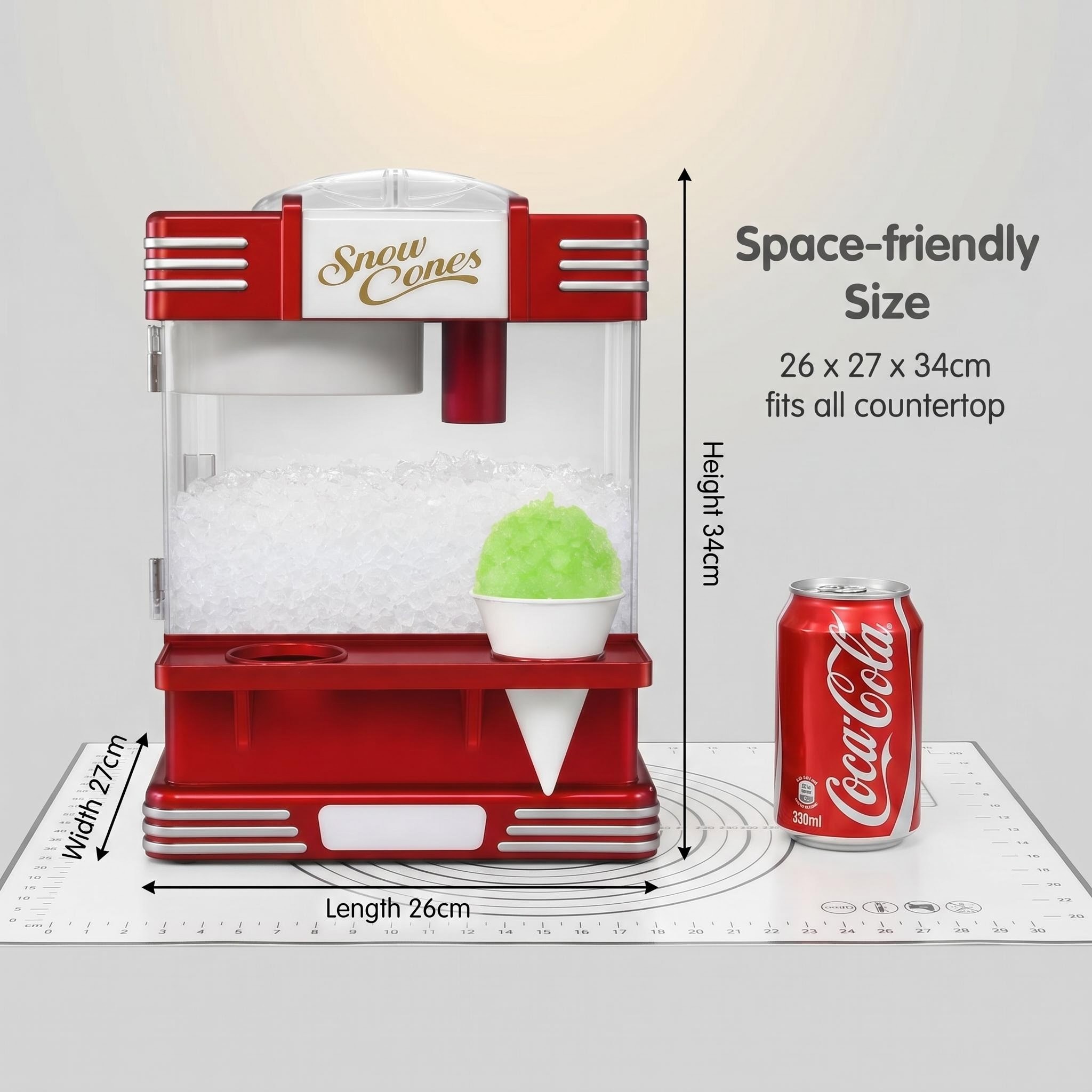KERNEE countertop snow cone maker size chart showing 26 by 27 by 34 cm compact design for kitchens retail displays and event booths.