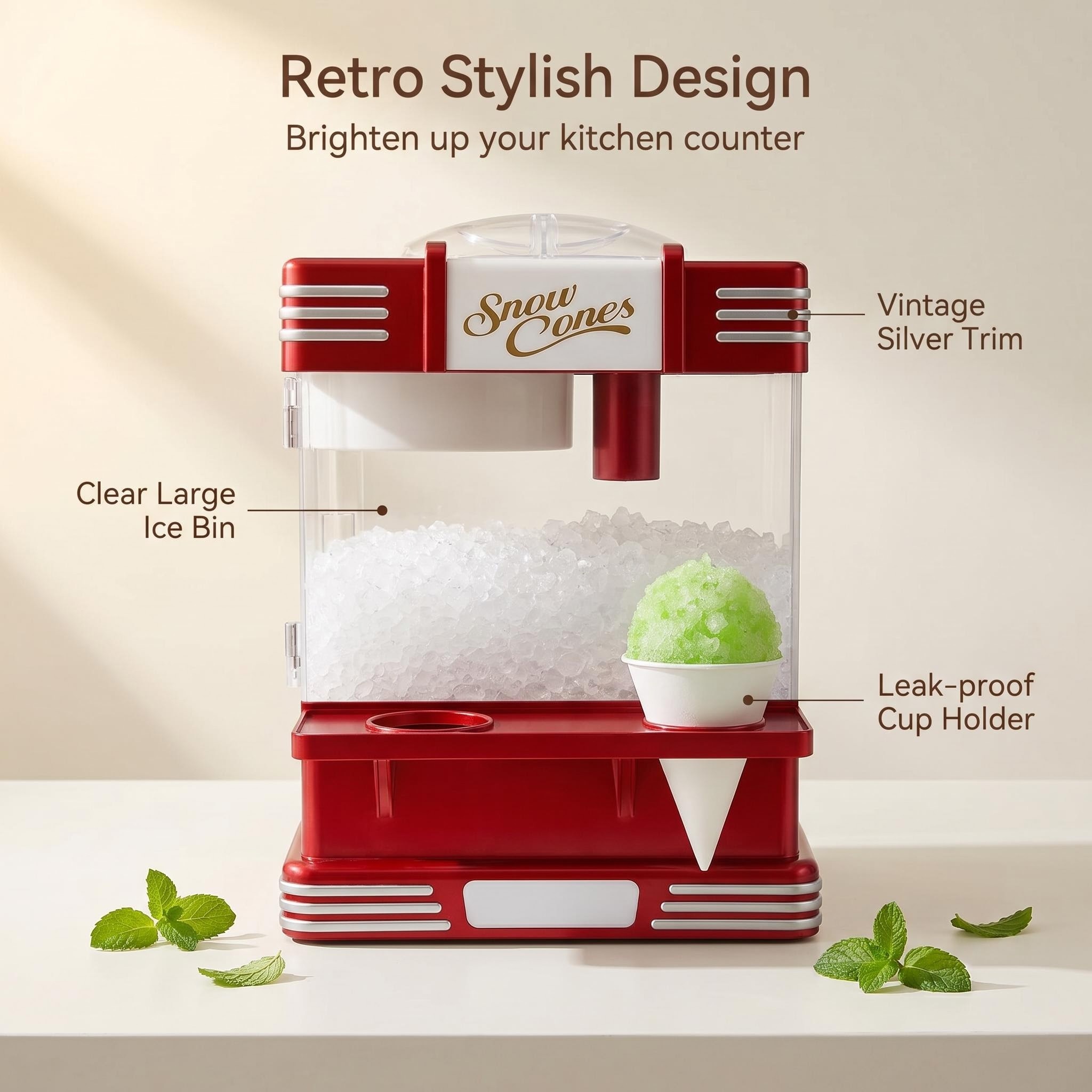 KERNEE retro red snow cone maker feature image with clear large ice bin leak resistant cup holder and silver trim.