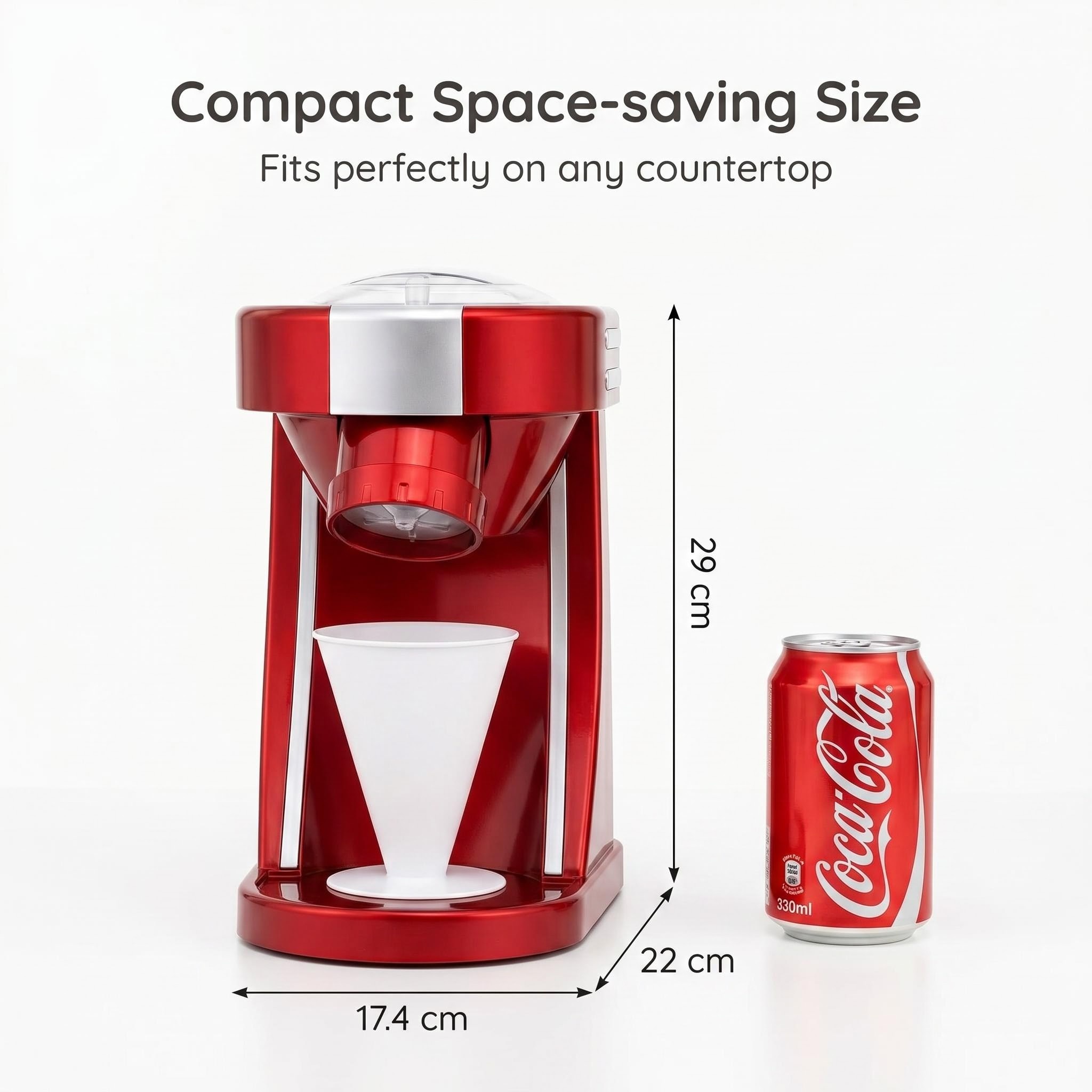 KERNEE red countertop ice shaver size chart showing 17.4 by 22 by 29 cm compact design for kitchen counters and retail displays.
