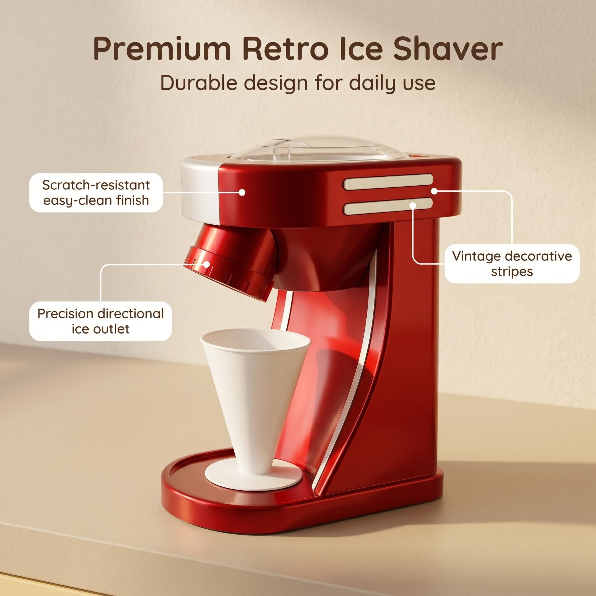 KERNEE Premium Retro Ice Shaver feature image showing easy clean finish precision directional ice outlet and vintage decorative stripes.
