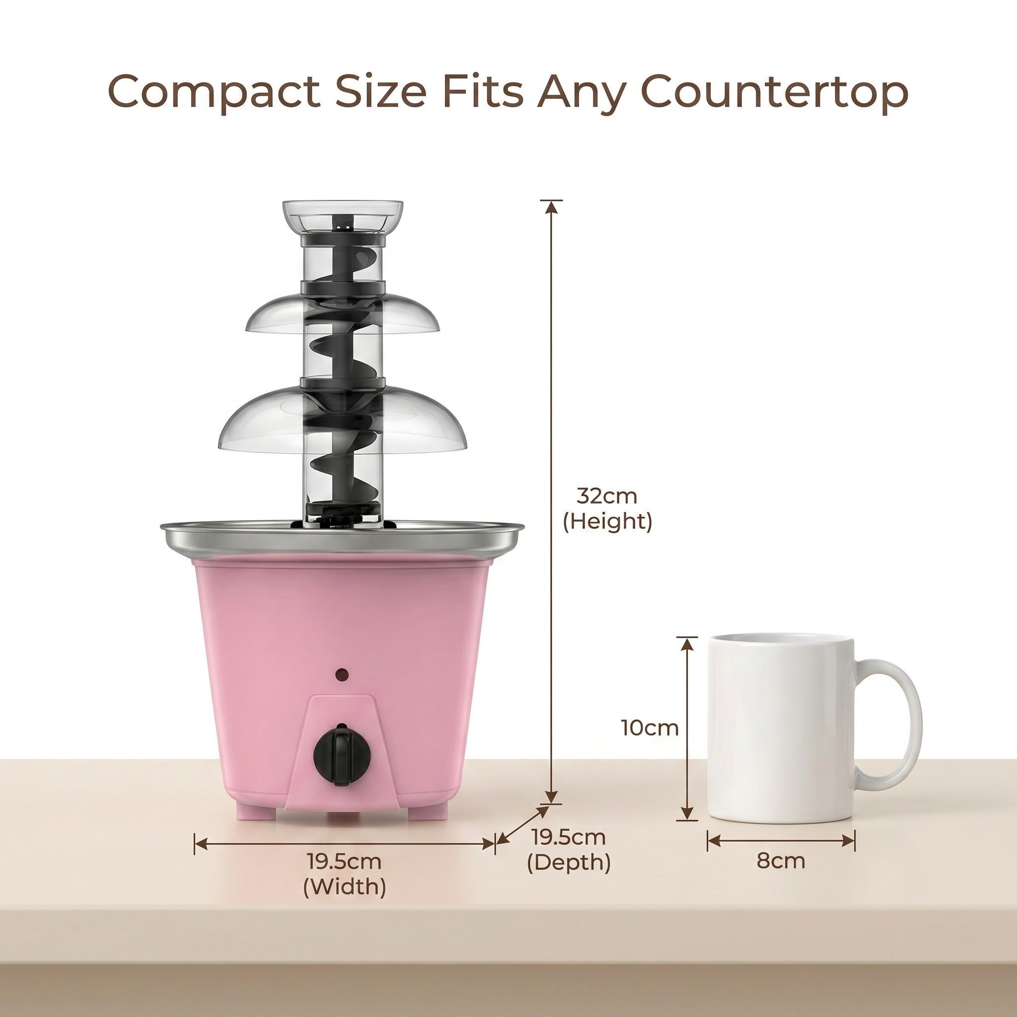 KERNEE red countertop ice shaver size chart showing 17.4 by 22 by 29 cm compact design for kitchen counters and retail displays.