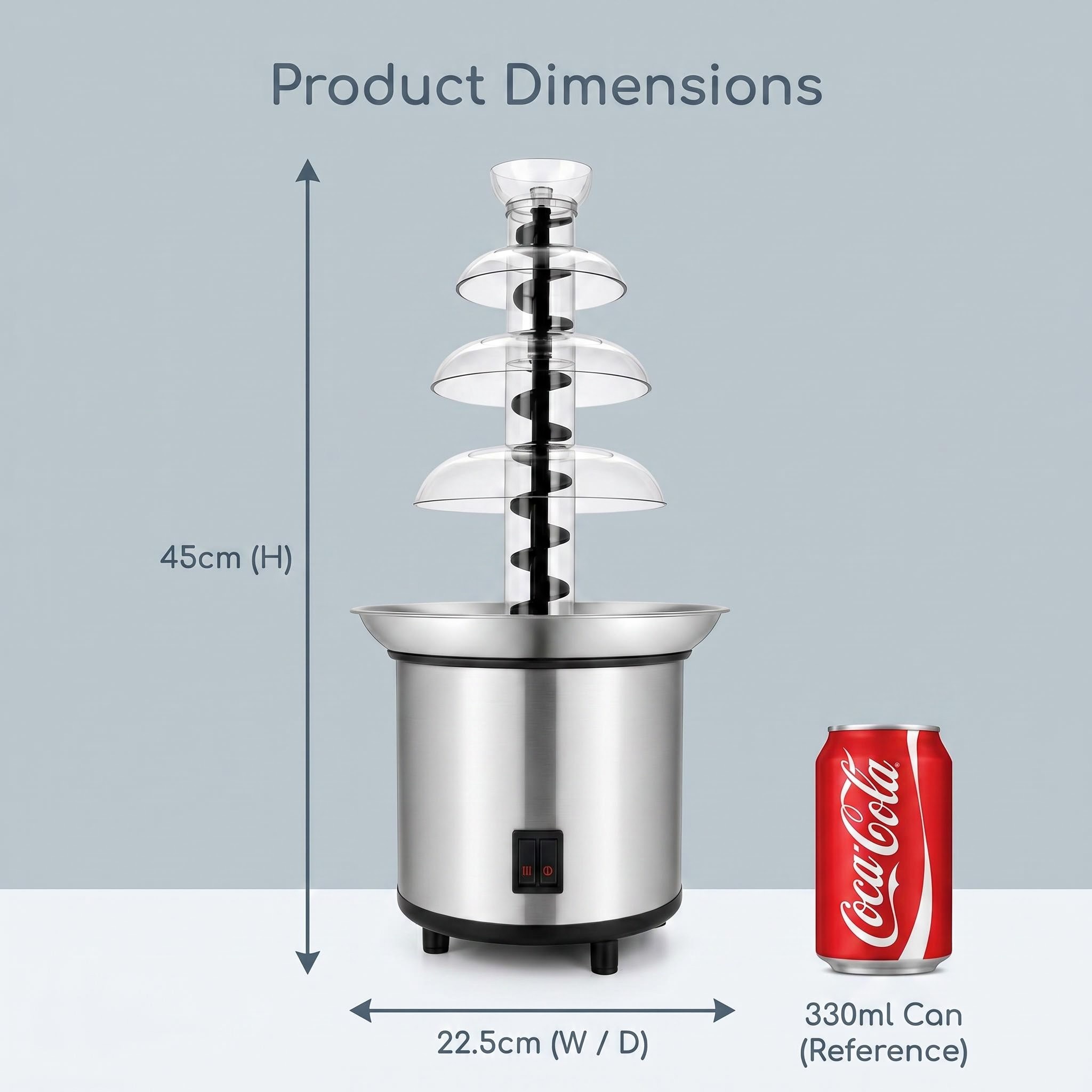 KERNEE red countertop ice shaver size chart showing 17.4 by 22 by 29 cm compact design for kitchen counters and retail displays.