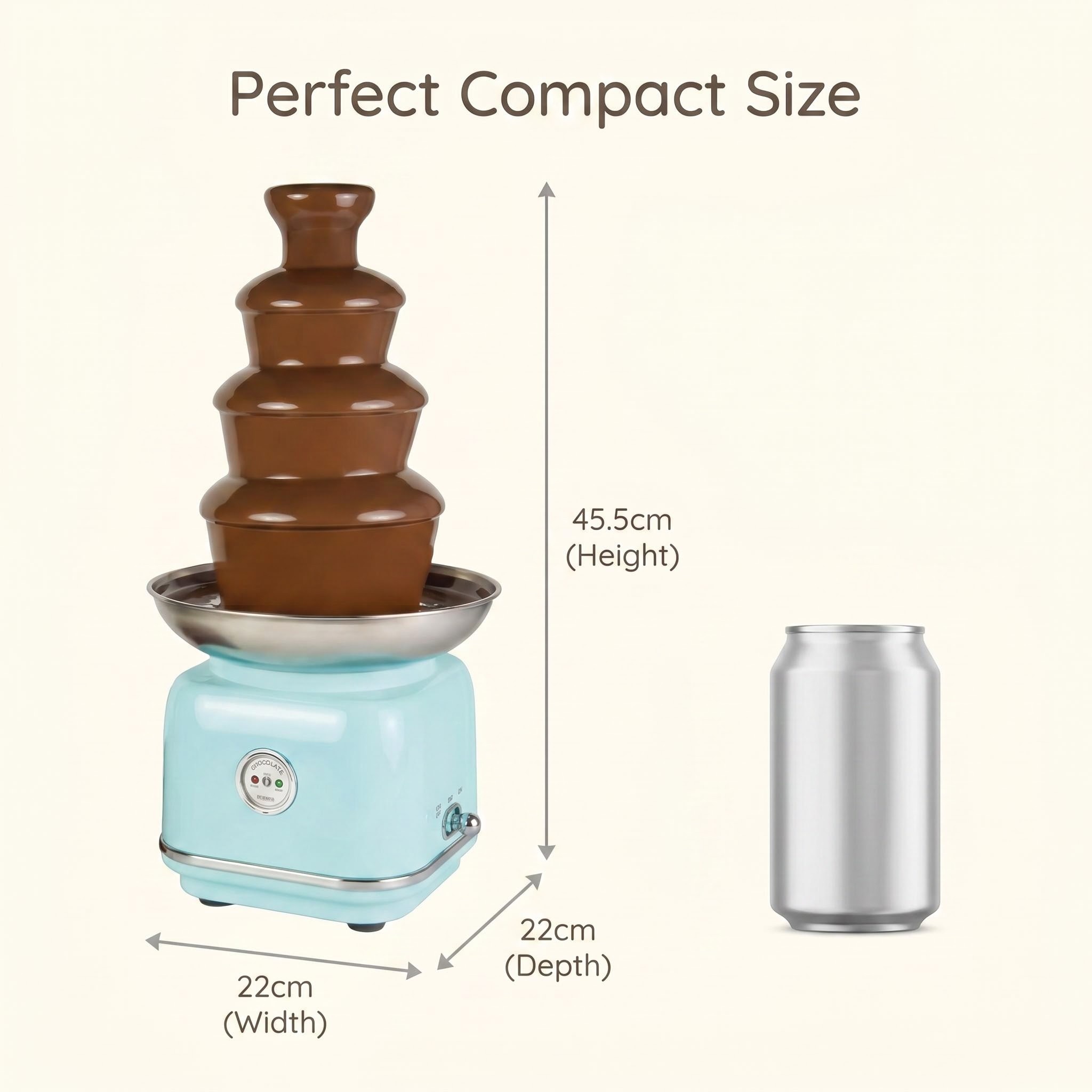 KERNEE red countertop ice shaver size chart showing 17.4 by 22 by 29 cm compact design for kitchen counters and retail displays.
