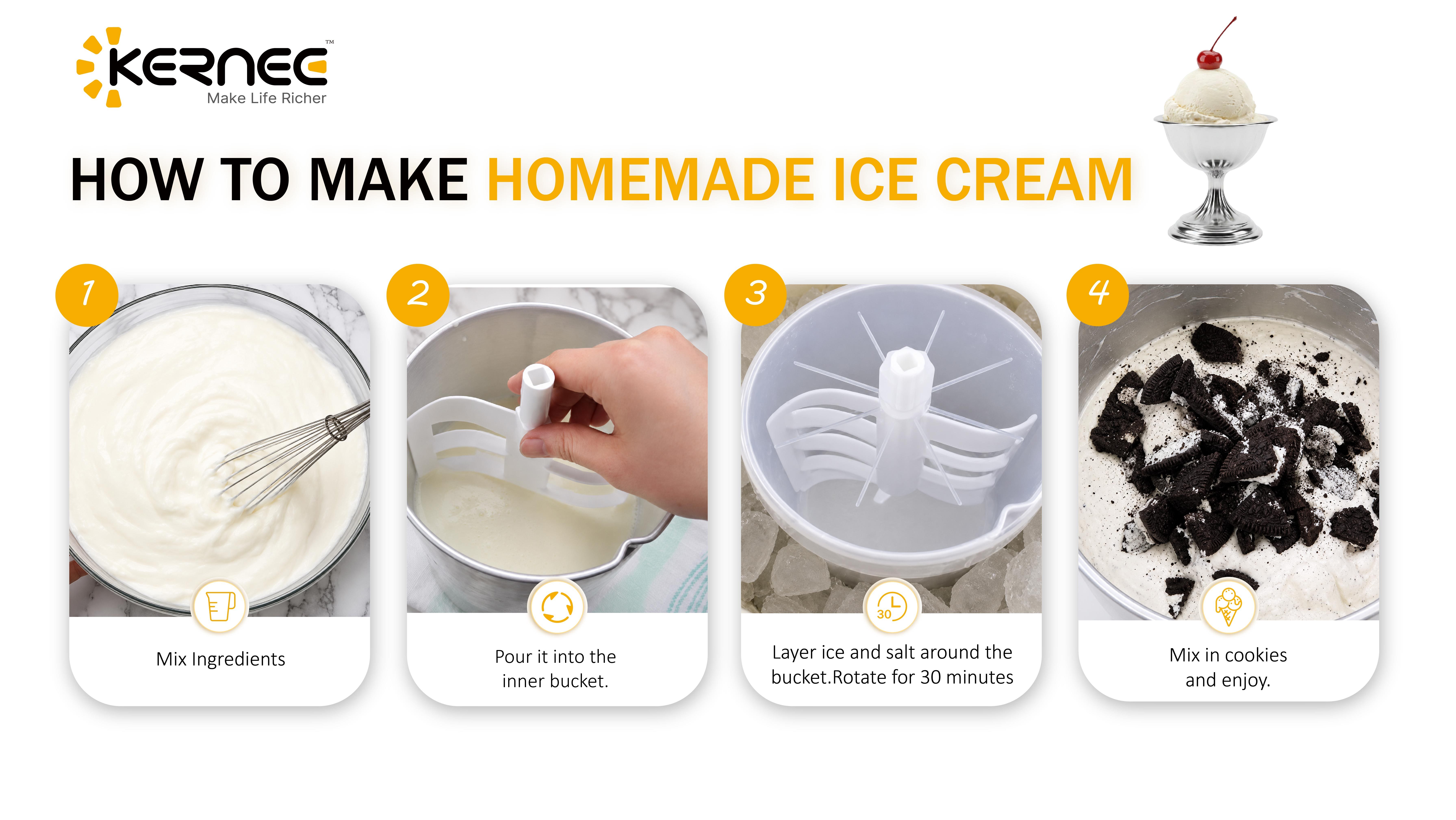 KERNEE snow cone maker four step operation guide from adding ice cubes to serving shaved ice with syrup.