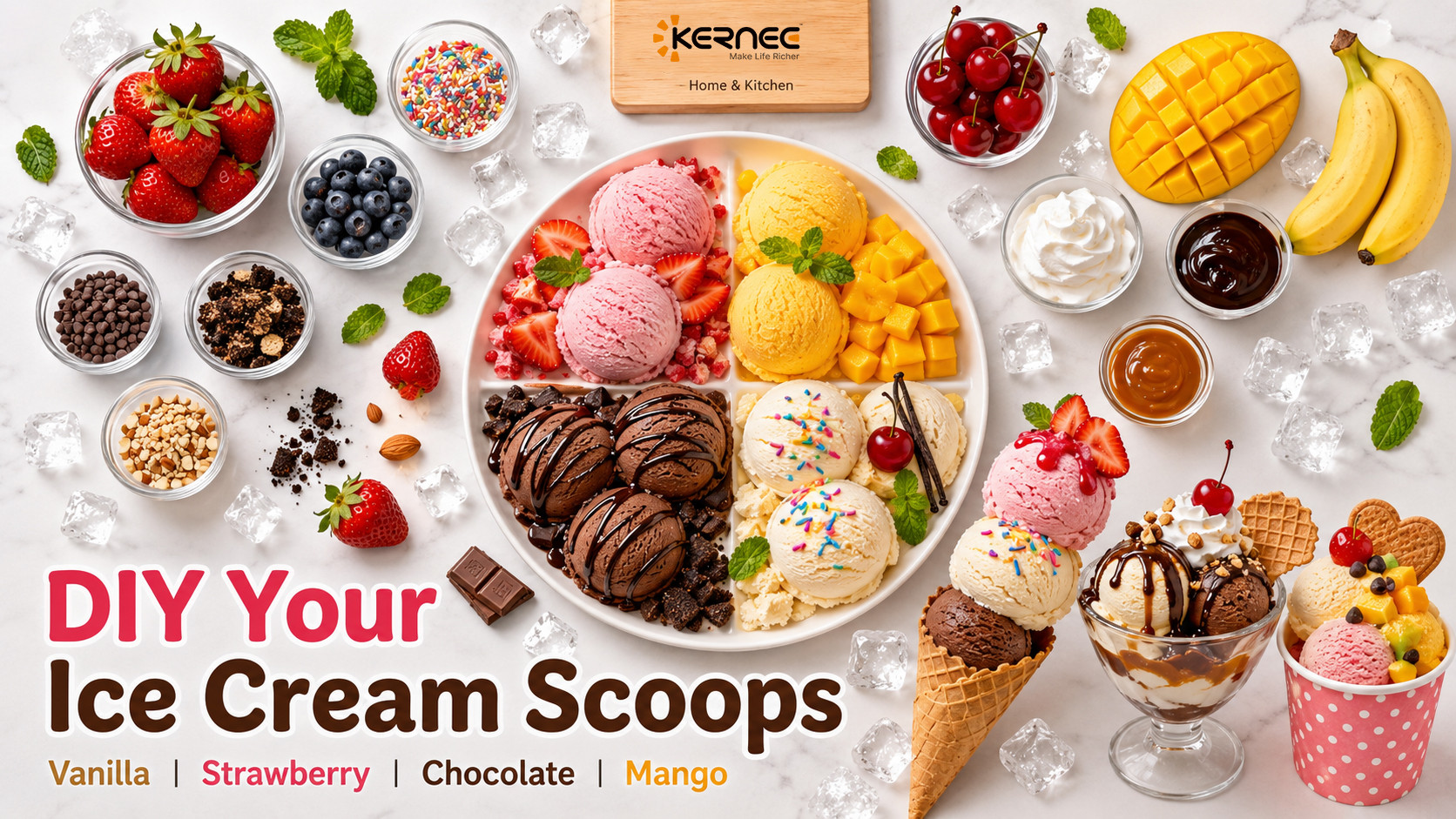 KERNEE shaved ice machine with colorful snow cones syrups and toppings for summer desserts outdoor markets and retail displays.