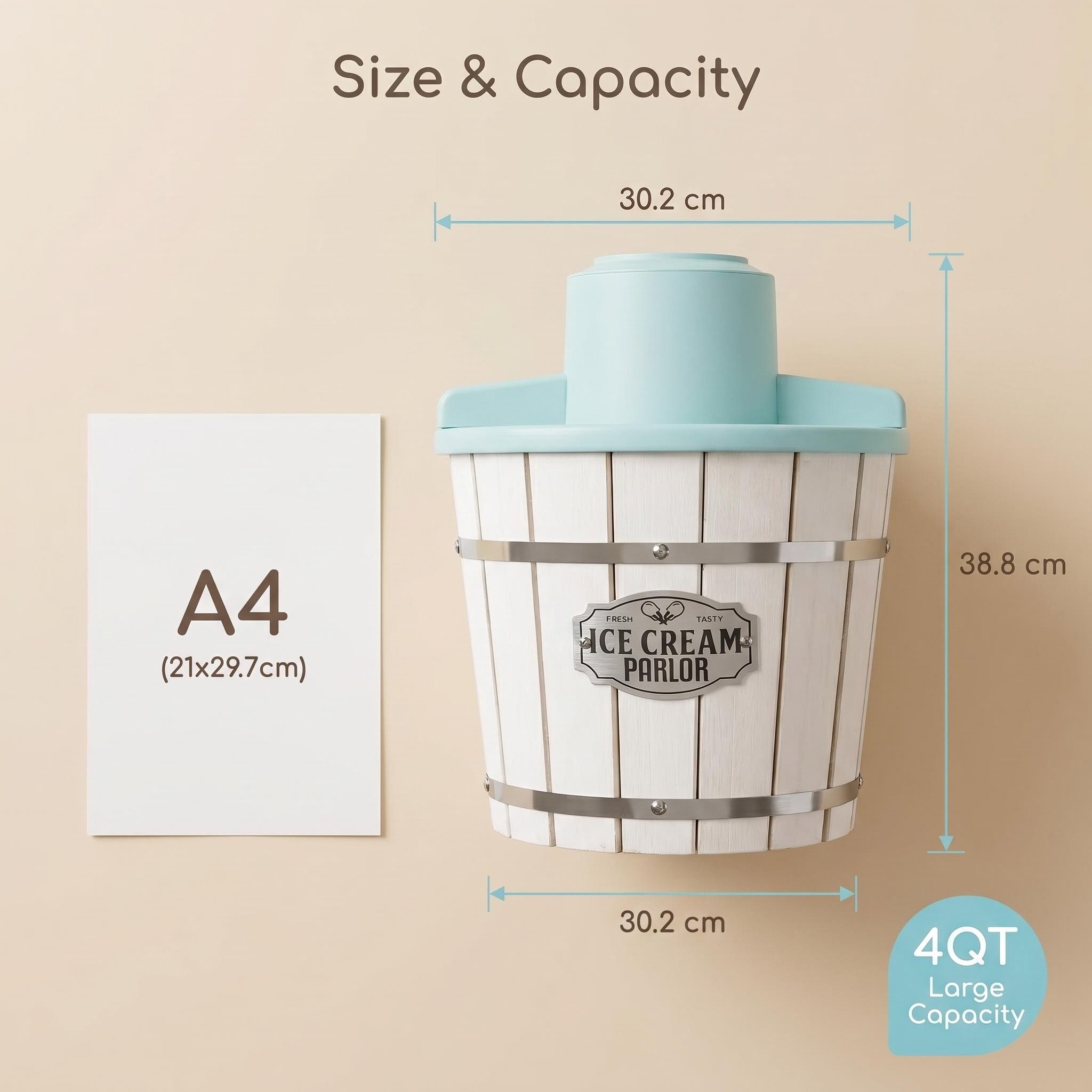 KERNEE red countertop ice shaver size chart showing 17.4 by 22 by 29 cm compact design for kitchen counters and retail displays.