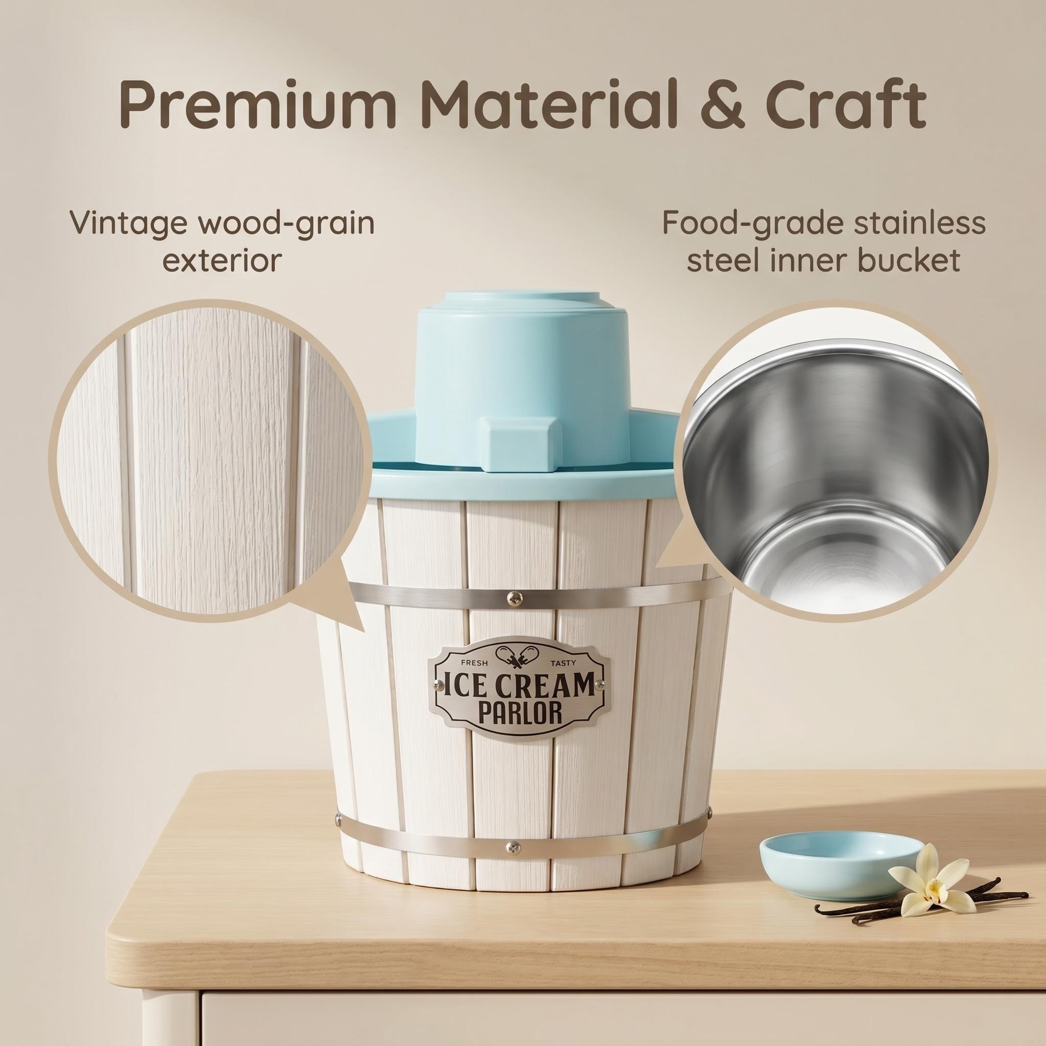 KERNEE Premium Retro Ice Shaver feature image showing easy clean finish precision directional ice outlet and vintage decorative stripes.