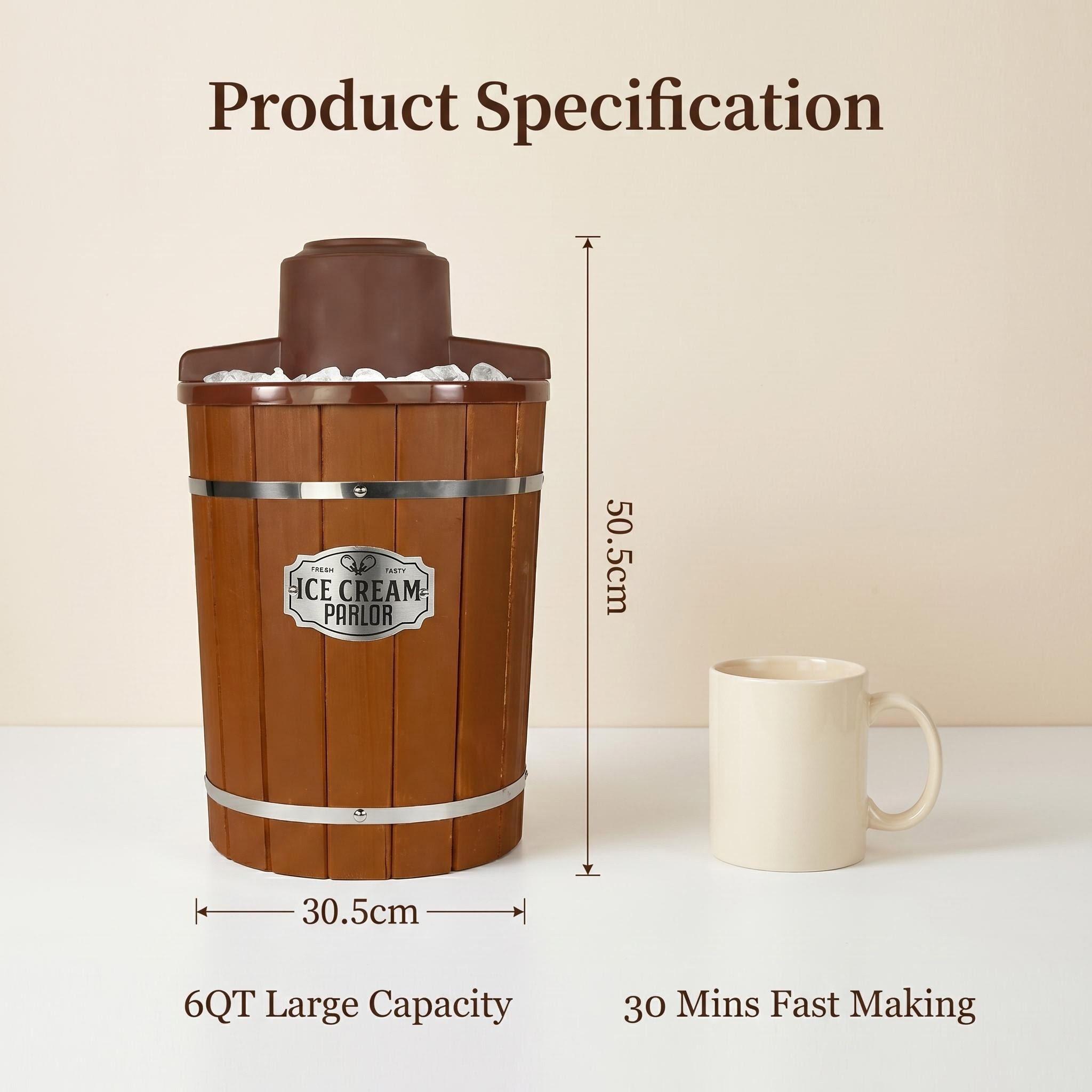 KERNEE 6QT wooden ice cream maker specification image showing 50.5 cm height 30.5 cm width and large capacity design