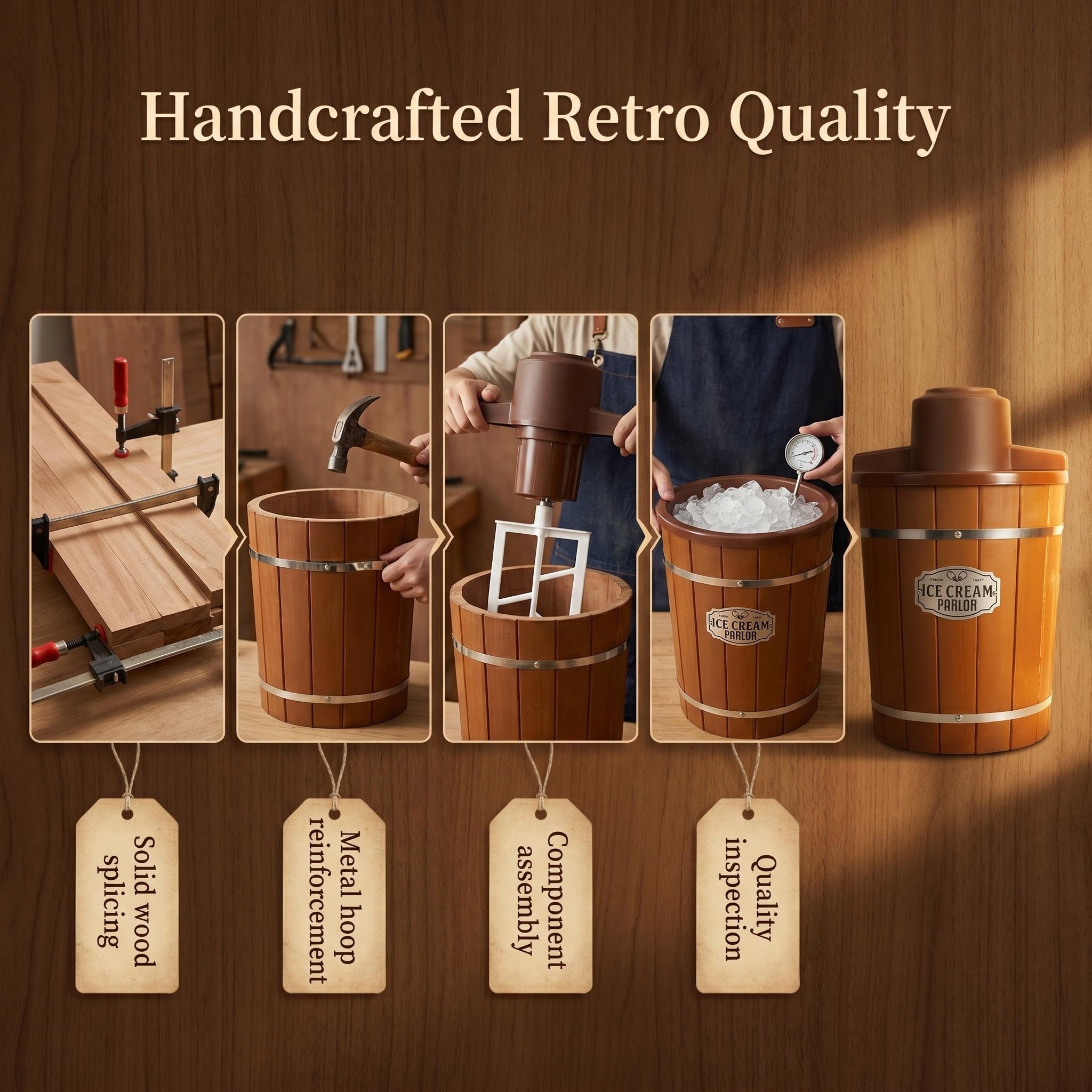 KERNEE wooden ice cream maker retro manufacturing process showing wood panel assembly metal hoop reinforcement component installation and quality inspection