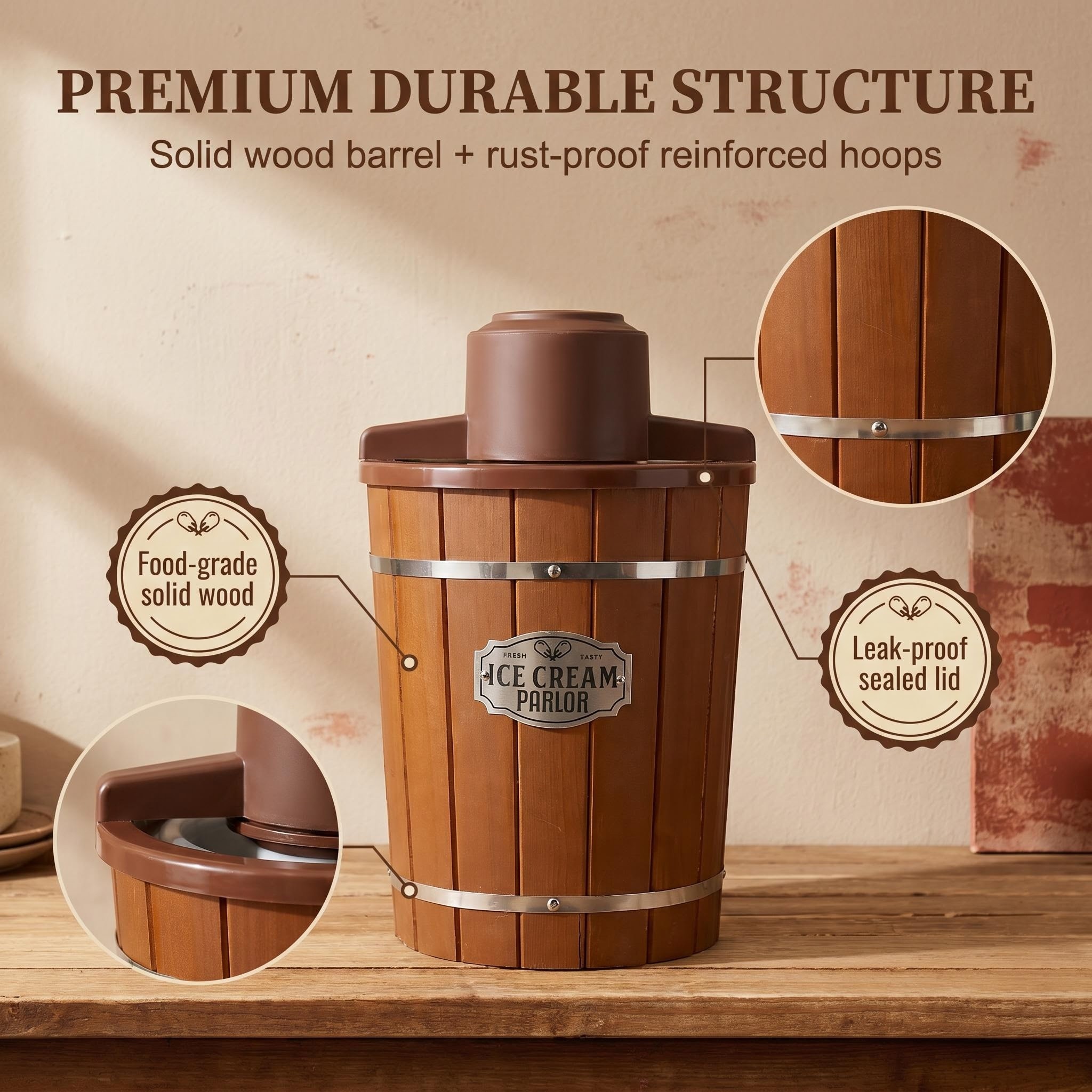 KERNEE wooden ice cream maker durable structure image with solid wood barrel reinforced metal hoops leak resistant lid and food contact friendly material