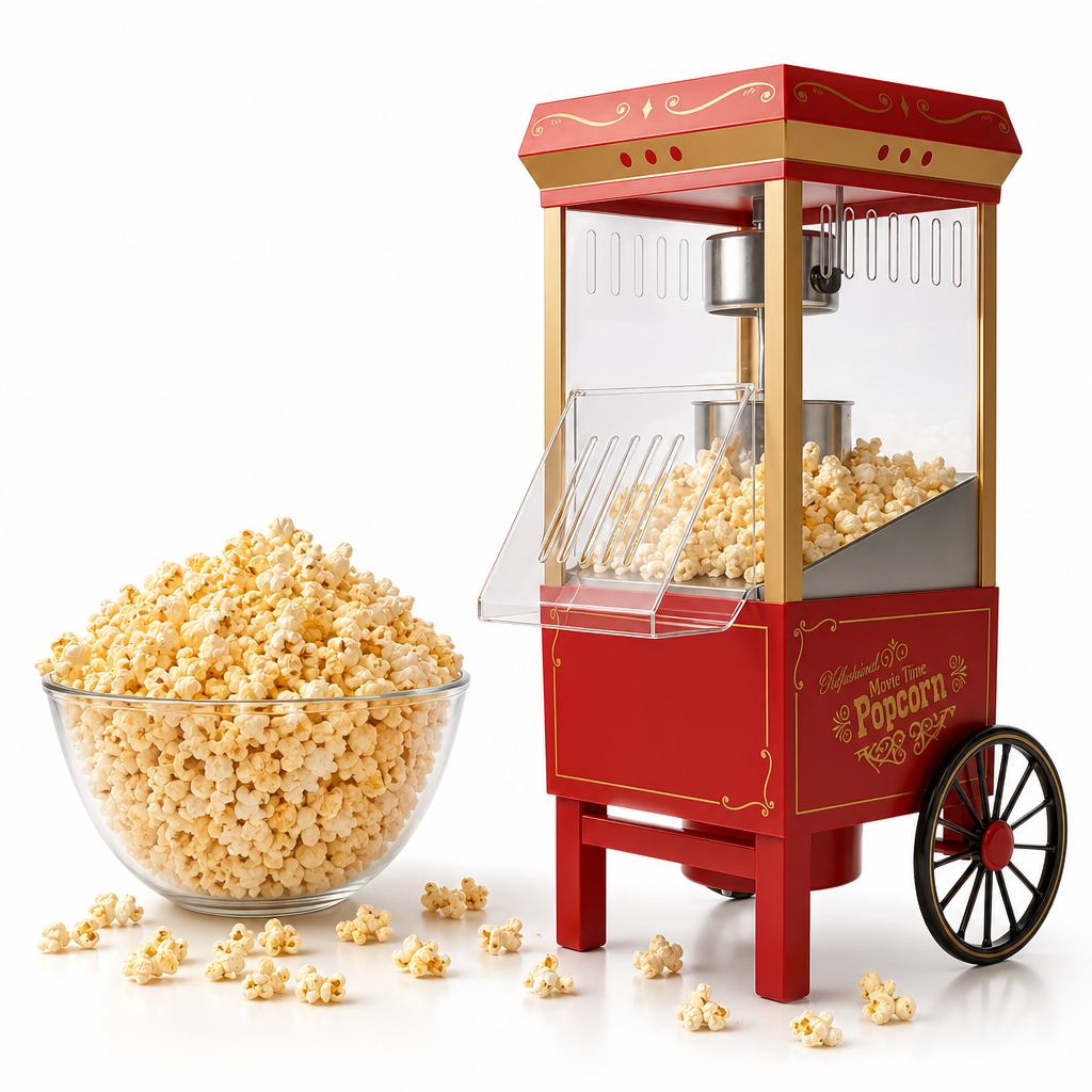 The Kernee popcorn machine product image showcases an overflowing bowl of fresh popcorn and a delicious snack ready to be enjoyed.