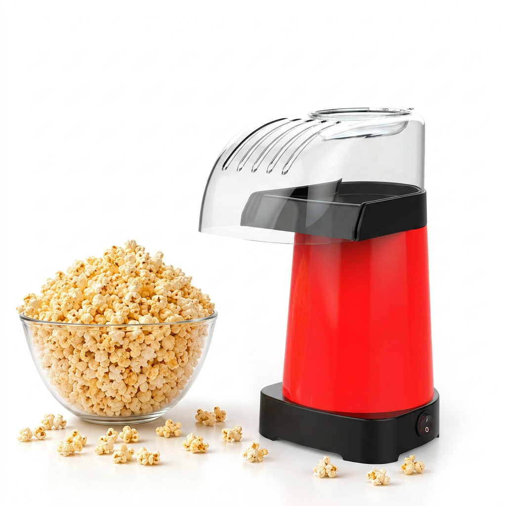 The Kernee popcorn machine product image showcases an overflowing bowl of fresh popcorn and a delicious snack ready to be enjoyed.