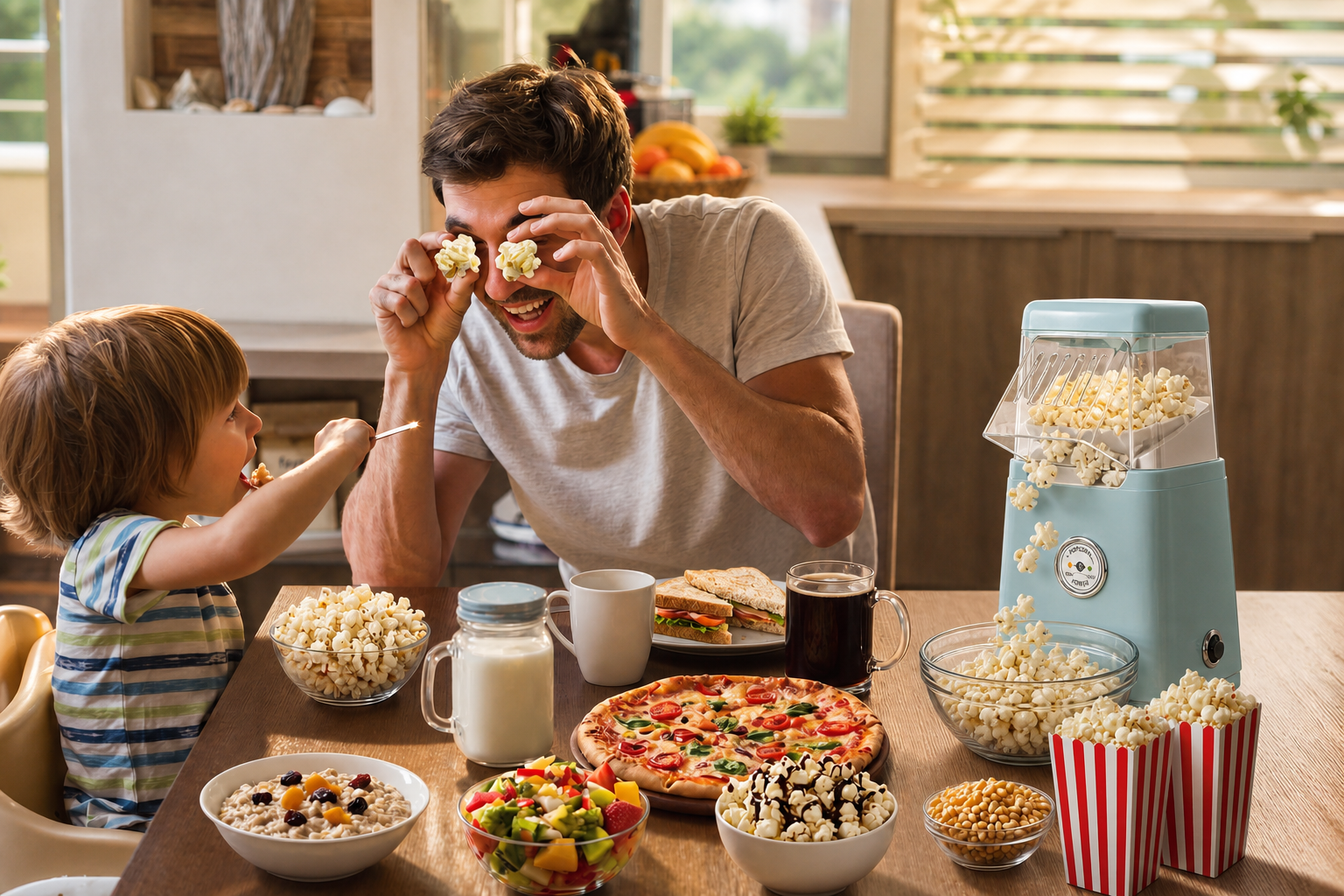 A warm family moment where a father playfully uses popcorn to amuse his son, featuring a Kernee popcorn maker on a table full of food.
