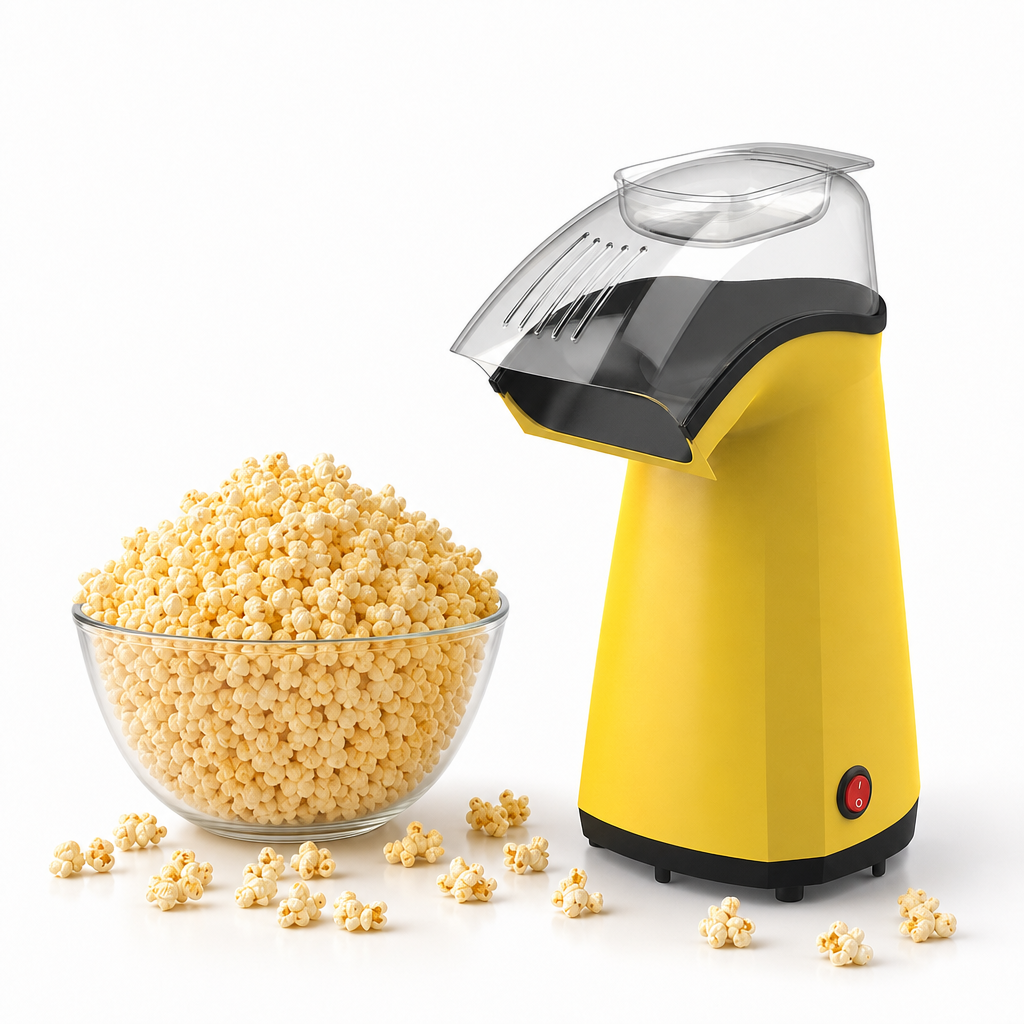 The Kernee popcorn machine product image showcases an overflowing bowl of fresh popcorn and a delicious snack ready to be enjoyed.