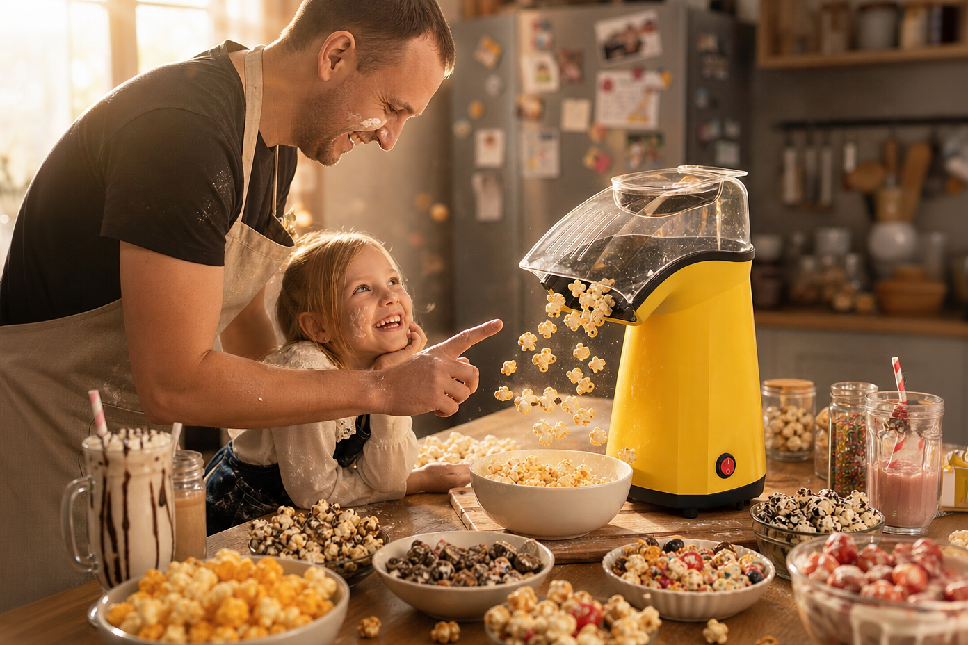 A Kernee lifestyle image captures a heartwarming "wow moment”: a father lovingly feeds his little daughter popcorn in a cozy kitchen filled with delicious treats.