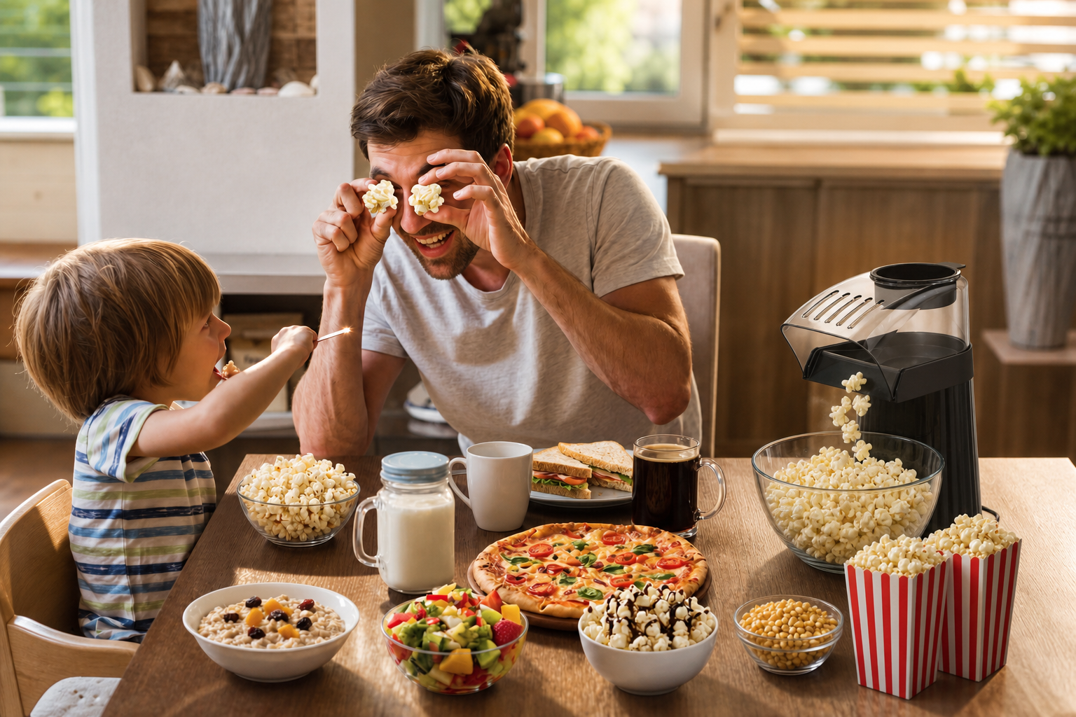 A warm family moment where a father playfully uses popcorn to amuse his son, featuring a Kernee popcorn maker on a table full of food.