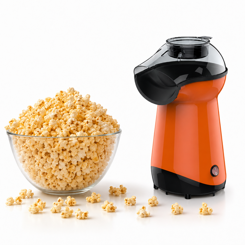 The Kernee popcorn machine product image showcases an overflowing bowl of fresh popcorn and a delicious snack ready to be enjoyed.