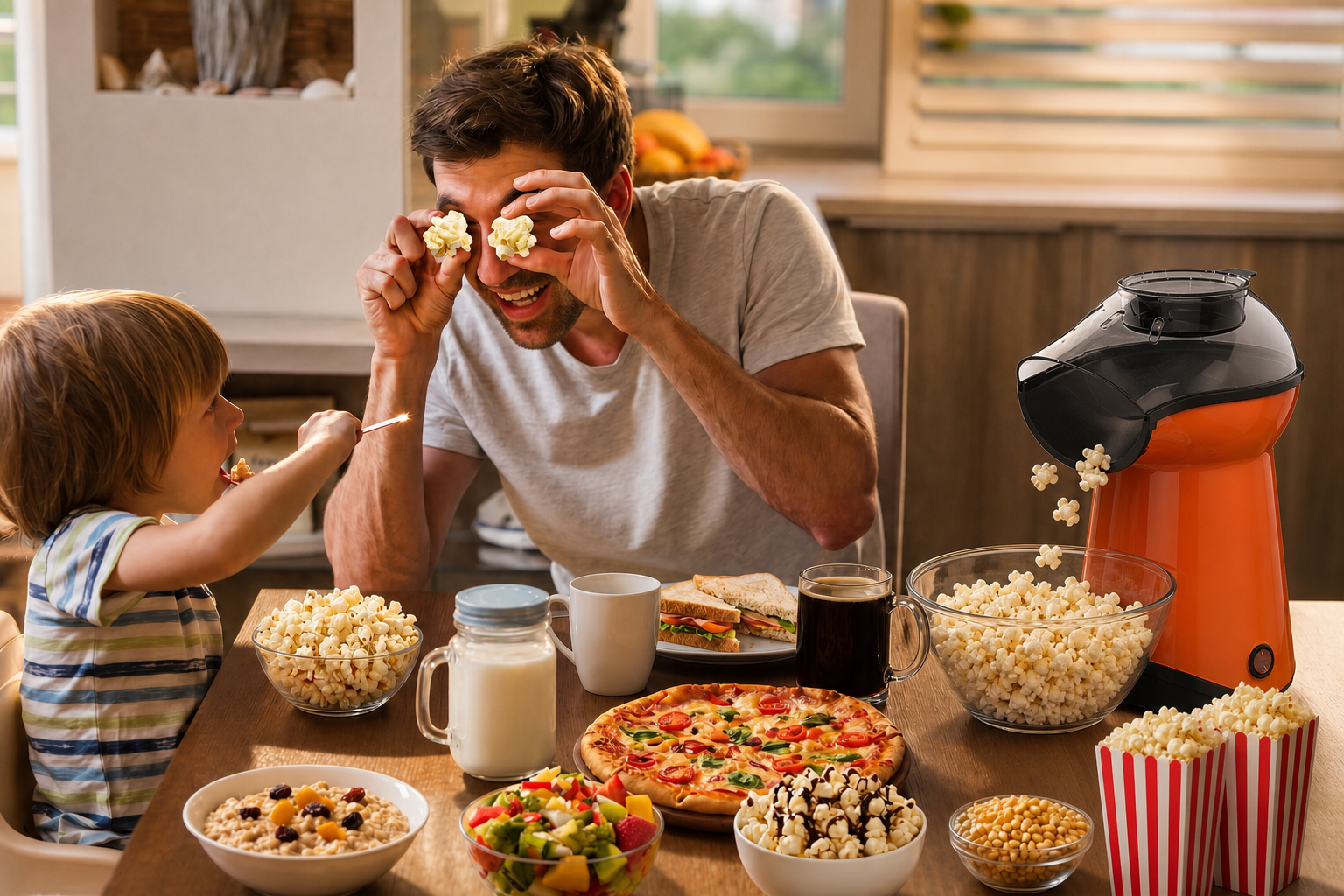A warm family moment where a father playfully uses popcorn to amuse his son, featuring a Kernee popcorn maker on a table full of food.