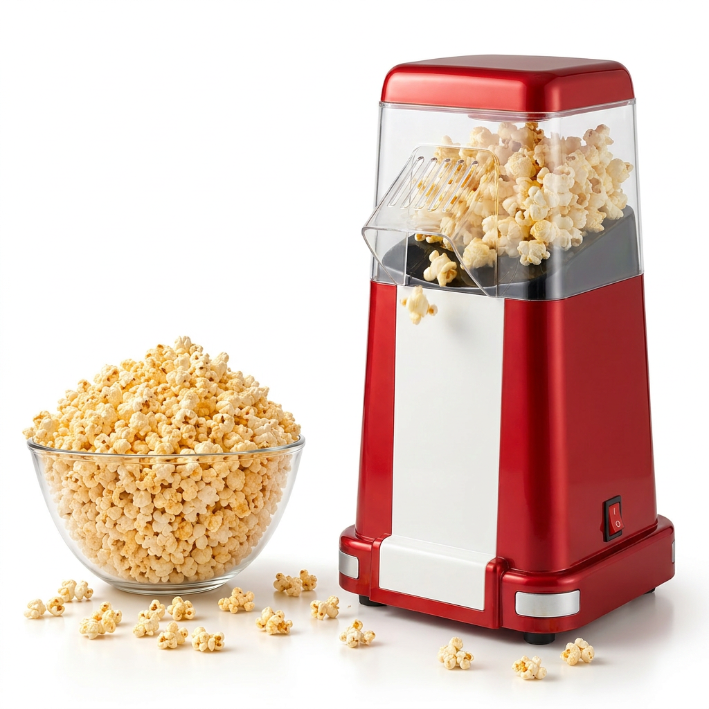 A full white background view of the vibrant red metallic retro popcorn maker popping fresh kernels into a large glass bowl, with loose kernels scattered.