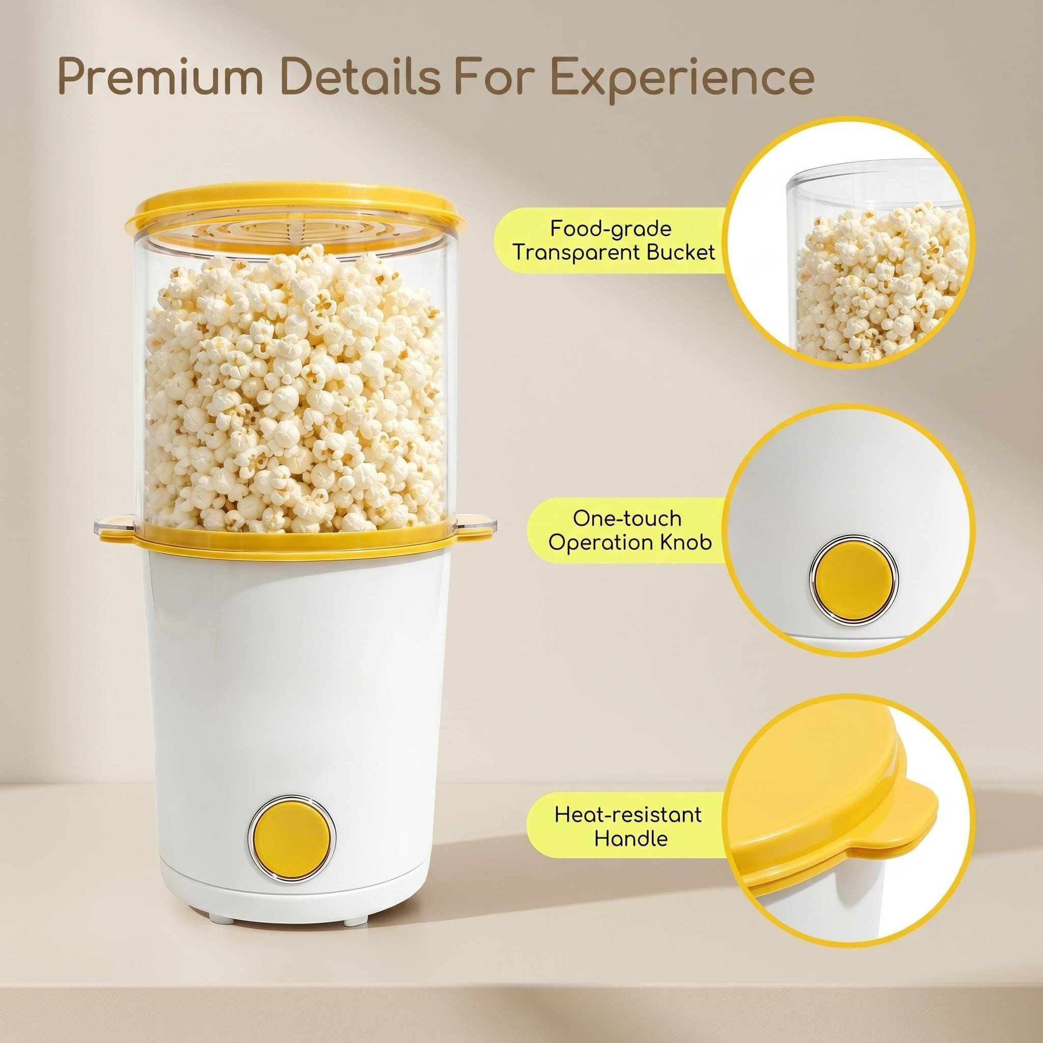 MyMini popcorn maker product features infographic highlighting the food-grade transparent bucket, one-touch operation button, and heat-resistant handle.