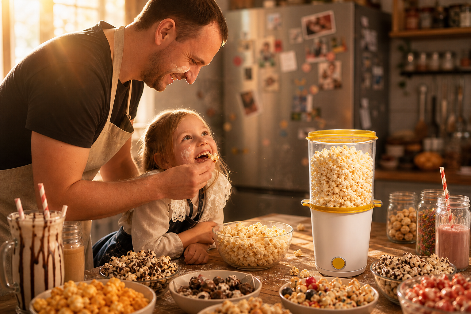 A Kernee lifestyle image captures a heartwarming "wow moment”: a father lovingly feeds his little daughter popcorn in a cozy kitchen filled with delicious treats.