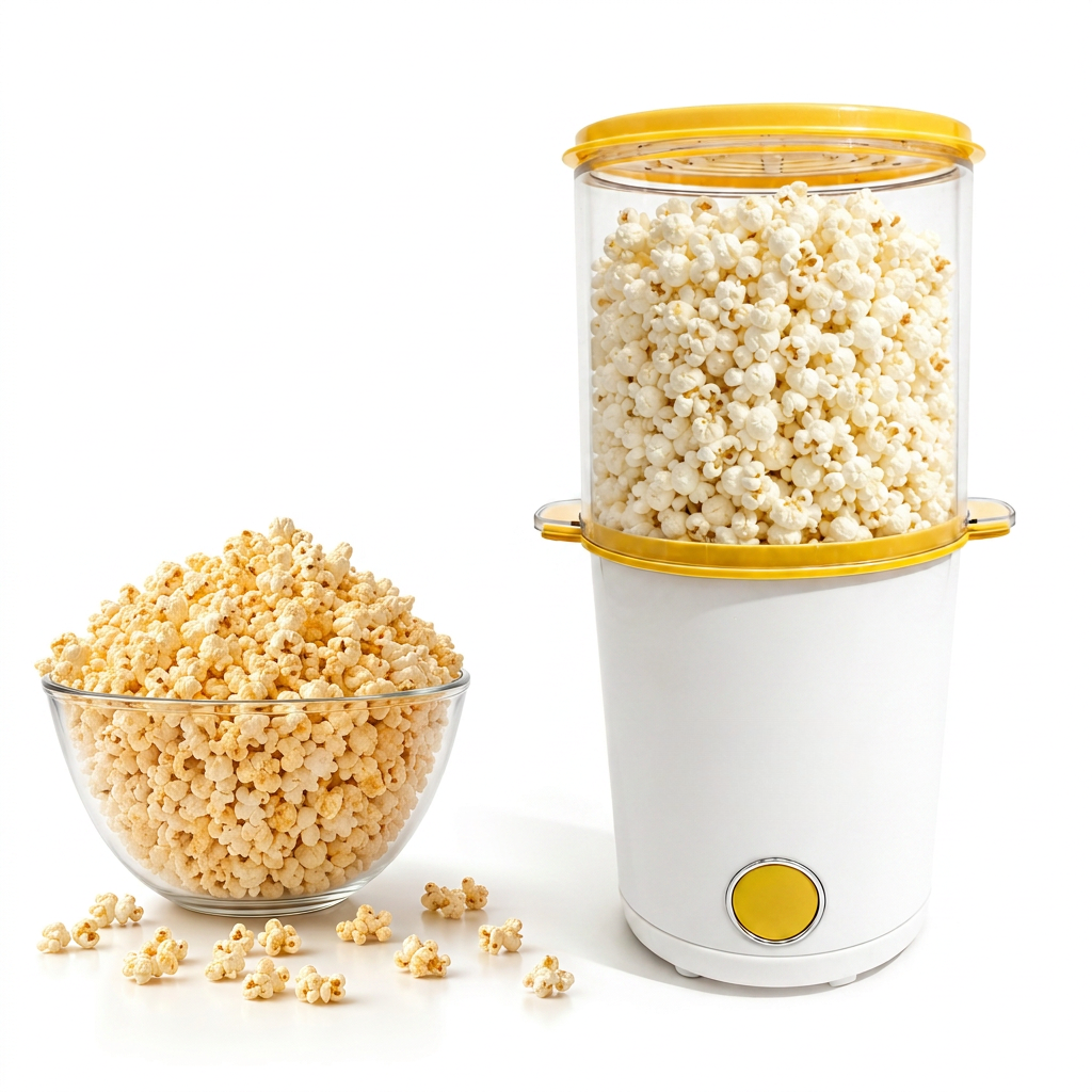 MyMini electric hot air popcorn popper with a glass bowl of fresh popcorn on a white background.