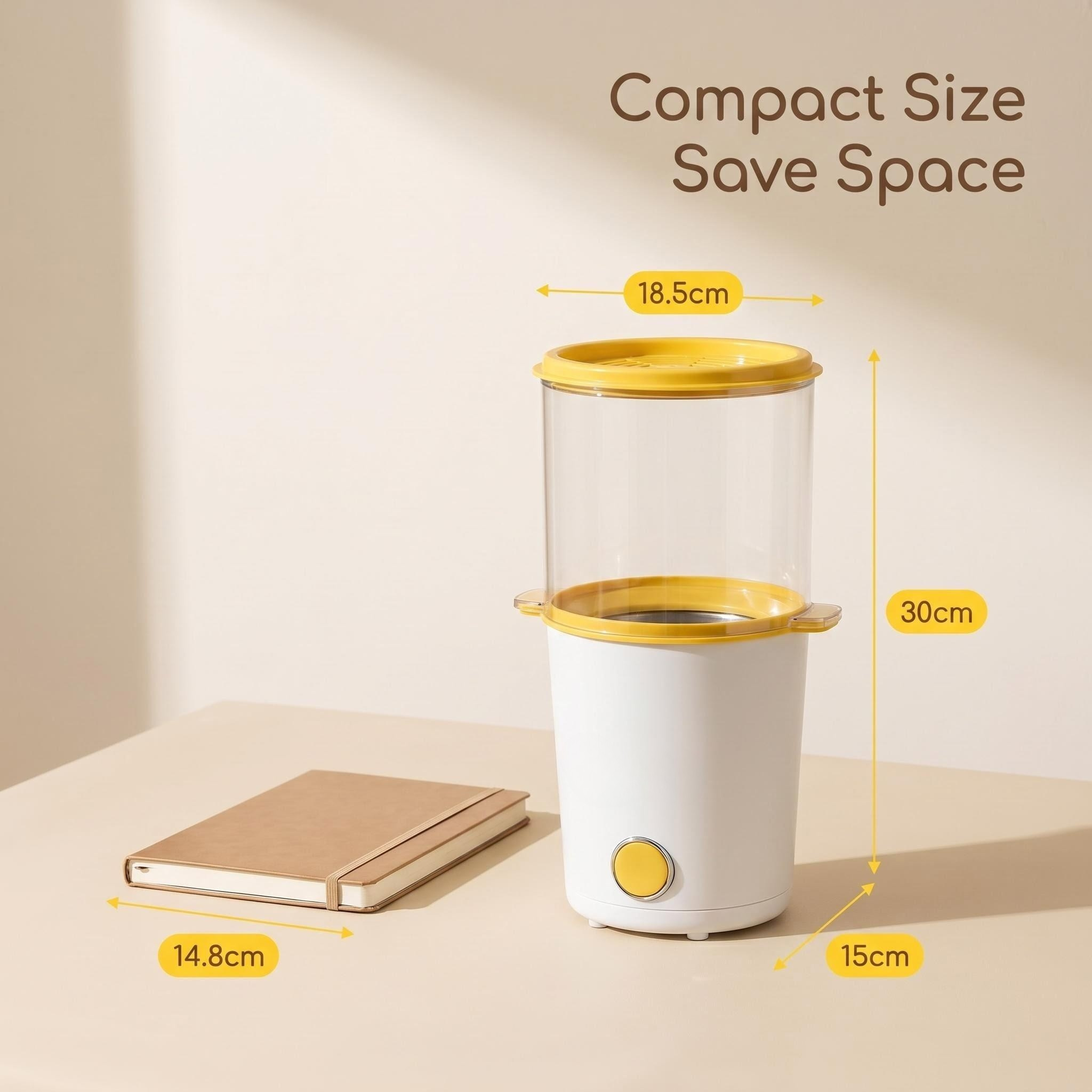 A size comparison image of the mint green popcorn maker next to an A4 paper, illustrating its compact 18x18x30cm footprint.
