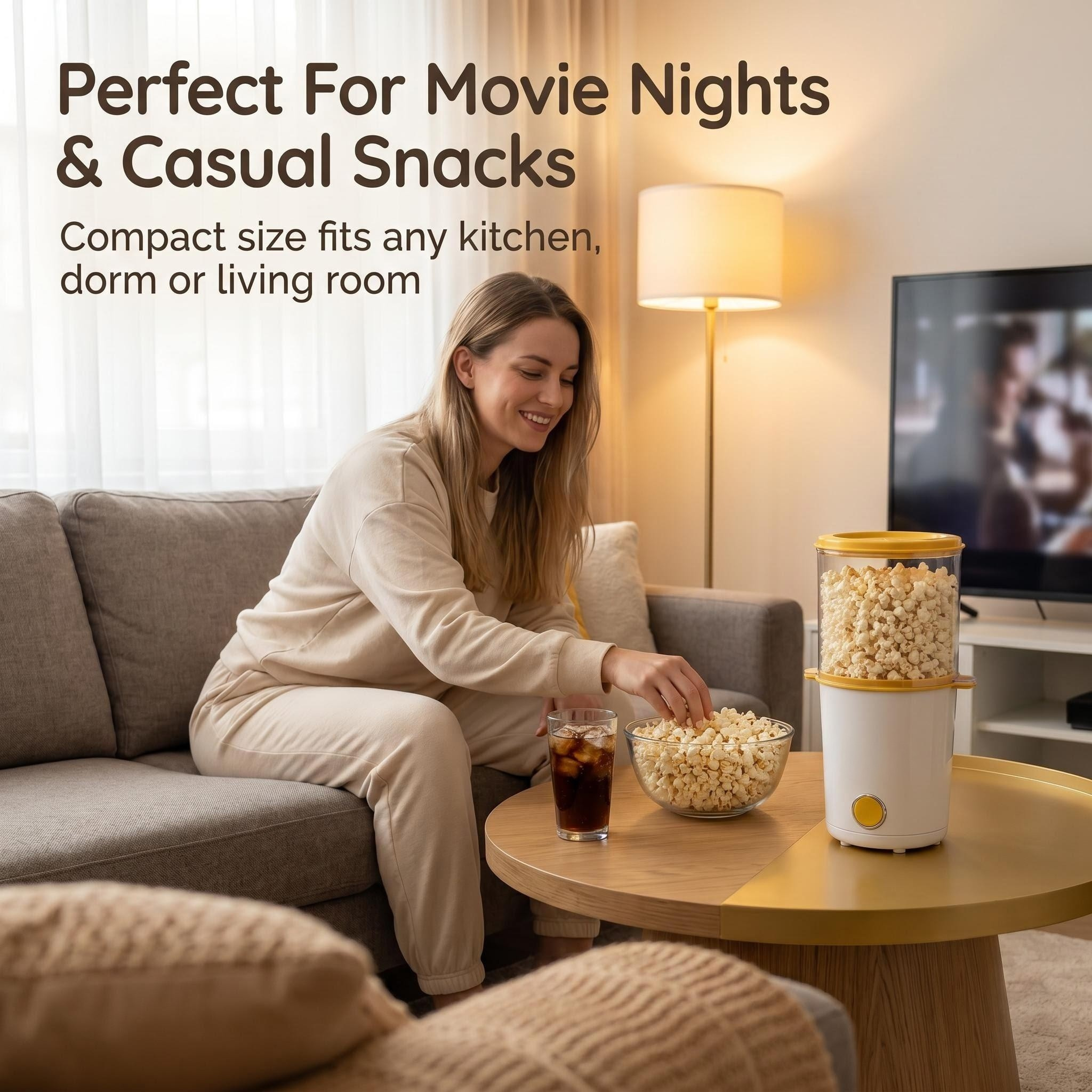 A young woman sitting on a gray sofa in a cozy, sunlit living room, reaching for a bowl of popcorn on a coffee table. Next to the bowl sits a compact white and yellow MyMini popcorn maker filled with fresh popcorn. The background shows a TV and a warm floor lamp. Text overlay reads: 'Perfect For Movie Nights & Casual Snacks. Compact size fits any kitchen, dorm or living room.