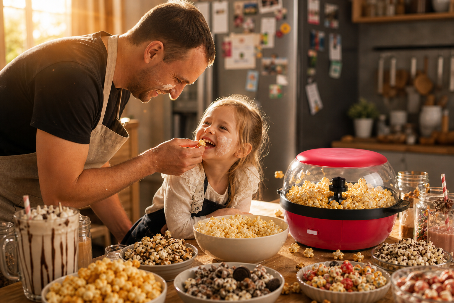 A Kernee lifestyle image captures a heartwarming "wow moment”: a father lovingly feeds his little daughter popcorn in a cozy kitchen filled with delicious treats.