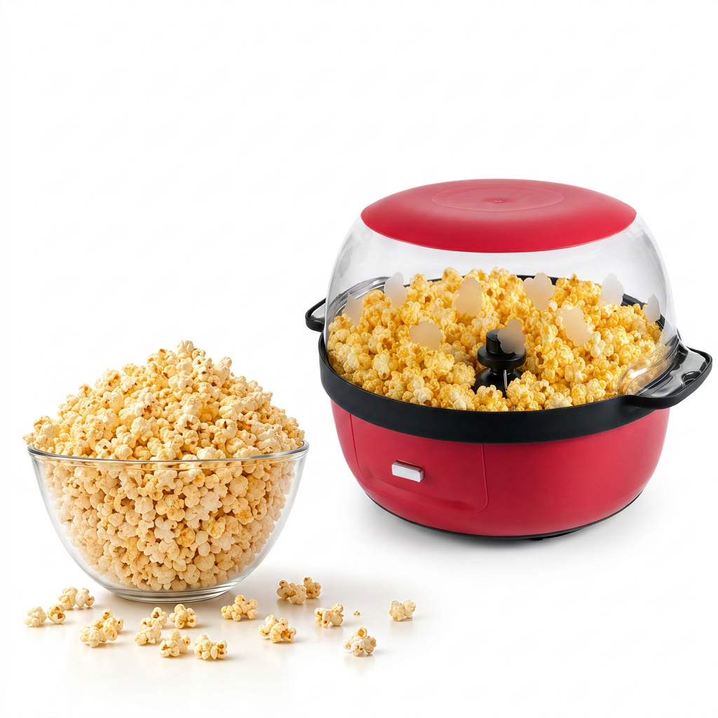 A professional product shot featuring a red and black electric stirring popcorn maker with a transparent dome top filled with popcorn. Next to it is a large glass bowl overflowing with fresh popcorn on a clean white background, with scattered kernels around the base.