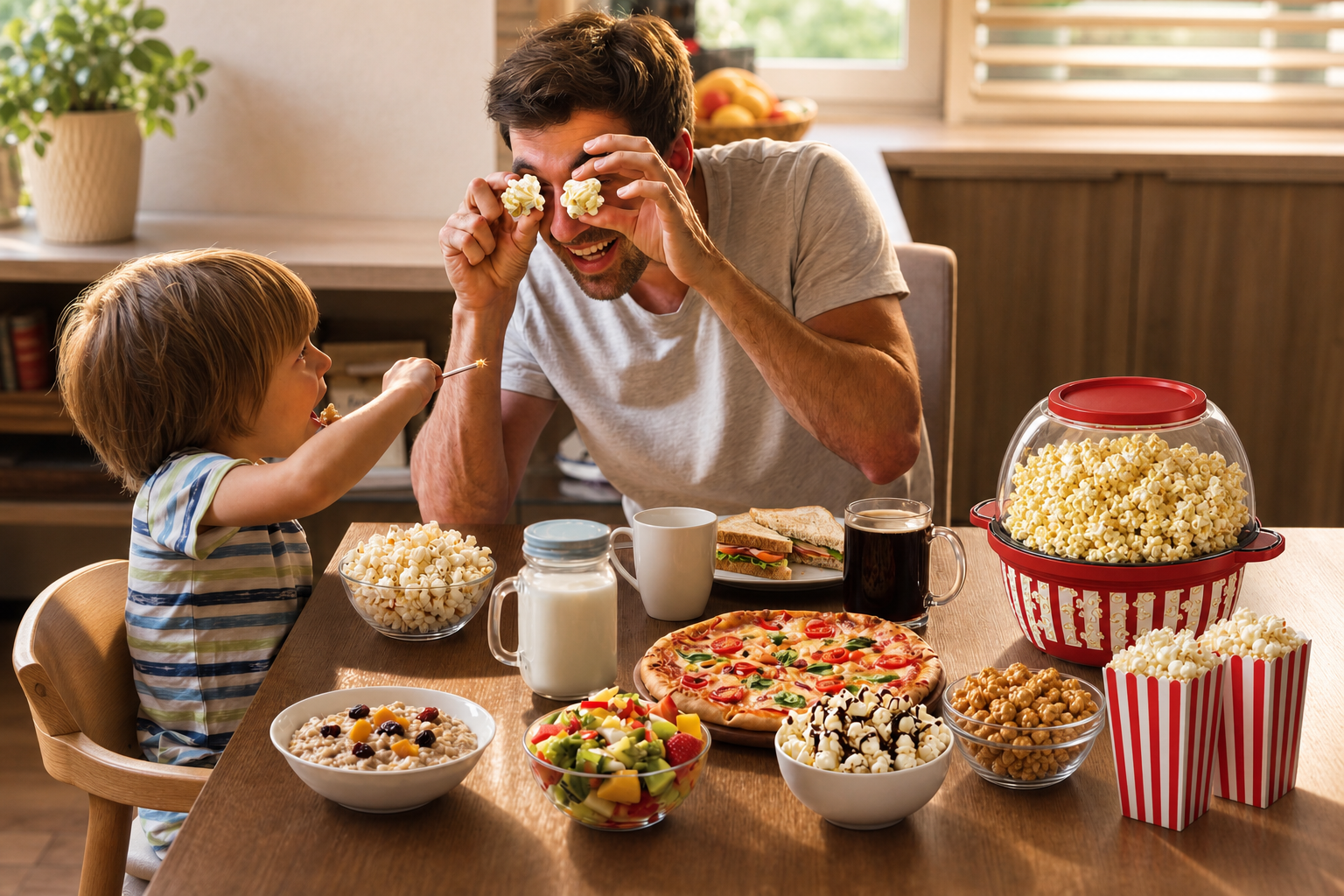 A warm family moment where a father playfully uses popcorn to amuse his son, featuring a Kernee popcorn maker on a table full of food.